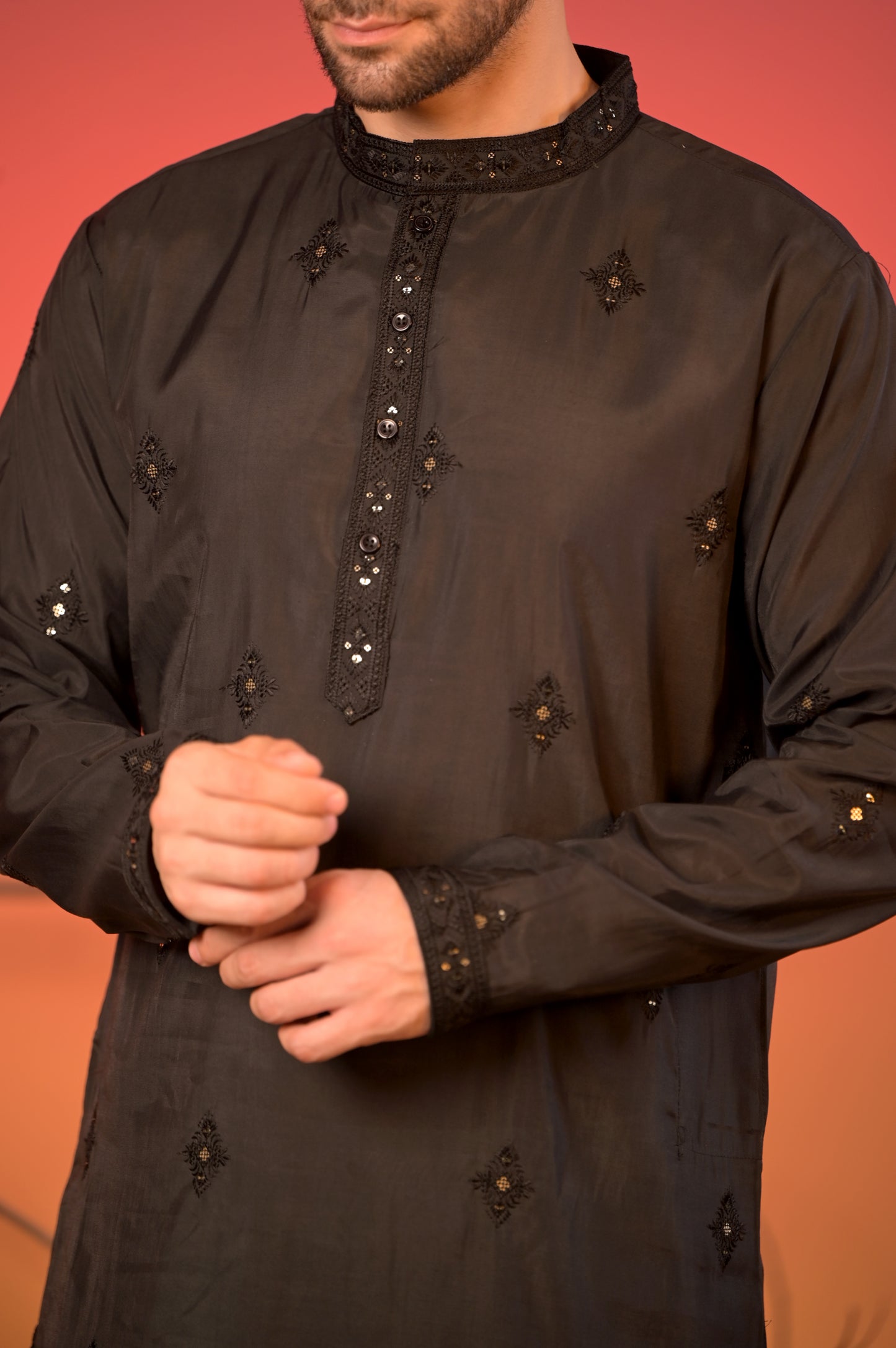 Black Embroidered Silk Kurta with Sequin Detailing & White Salwar Set