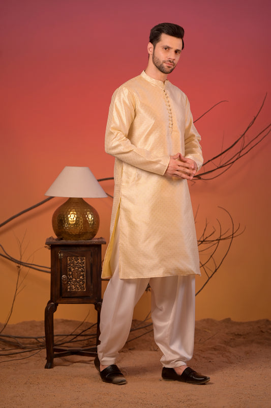 Off-White Jacquard Kurta with Subtle Self-Design & White Salwar Set