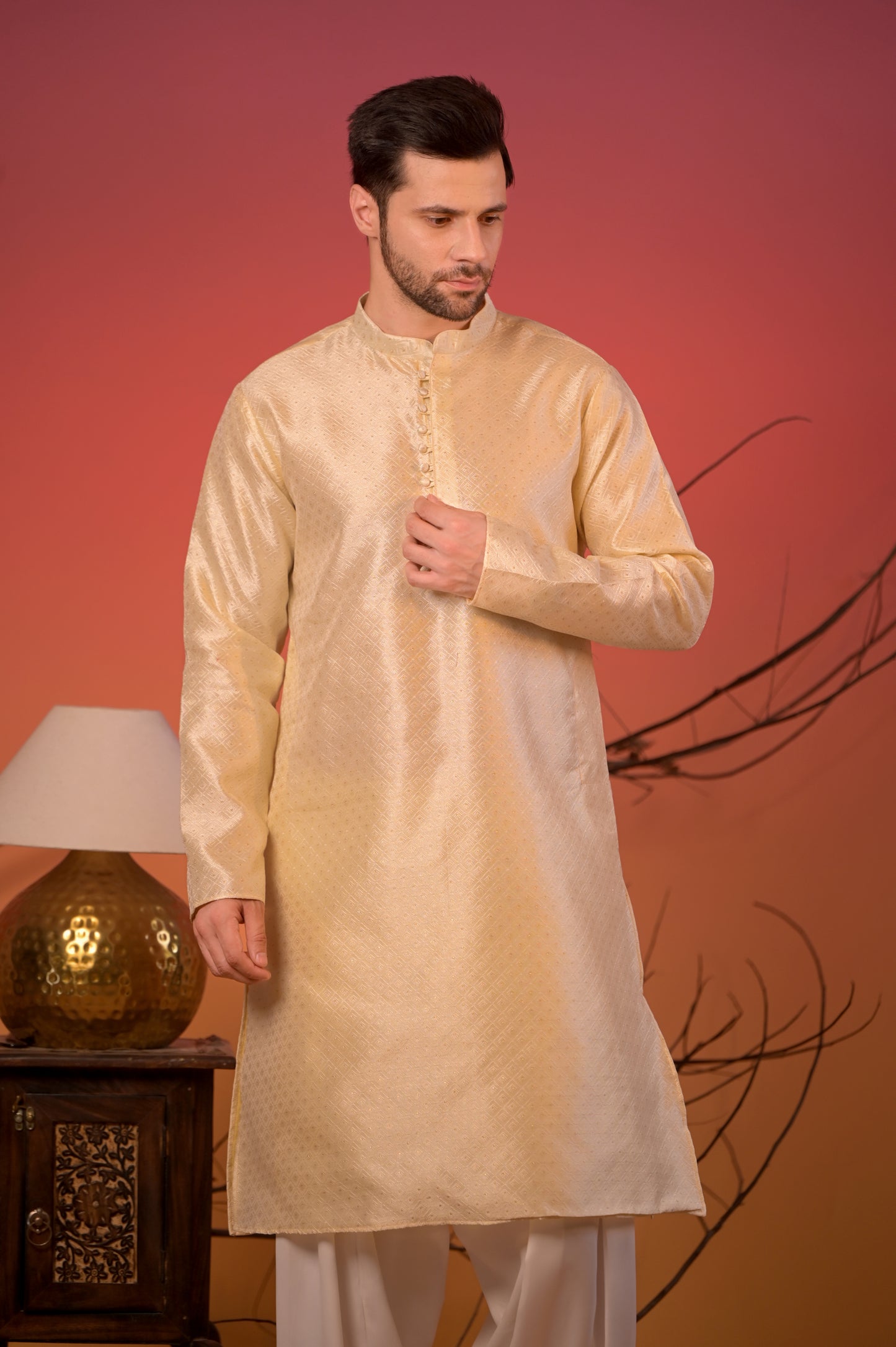 Off-White Jacquard Kurta with Subtle Self-Design & White Salwar Set