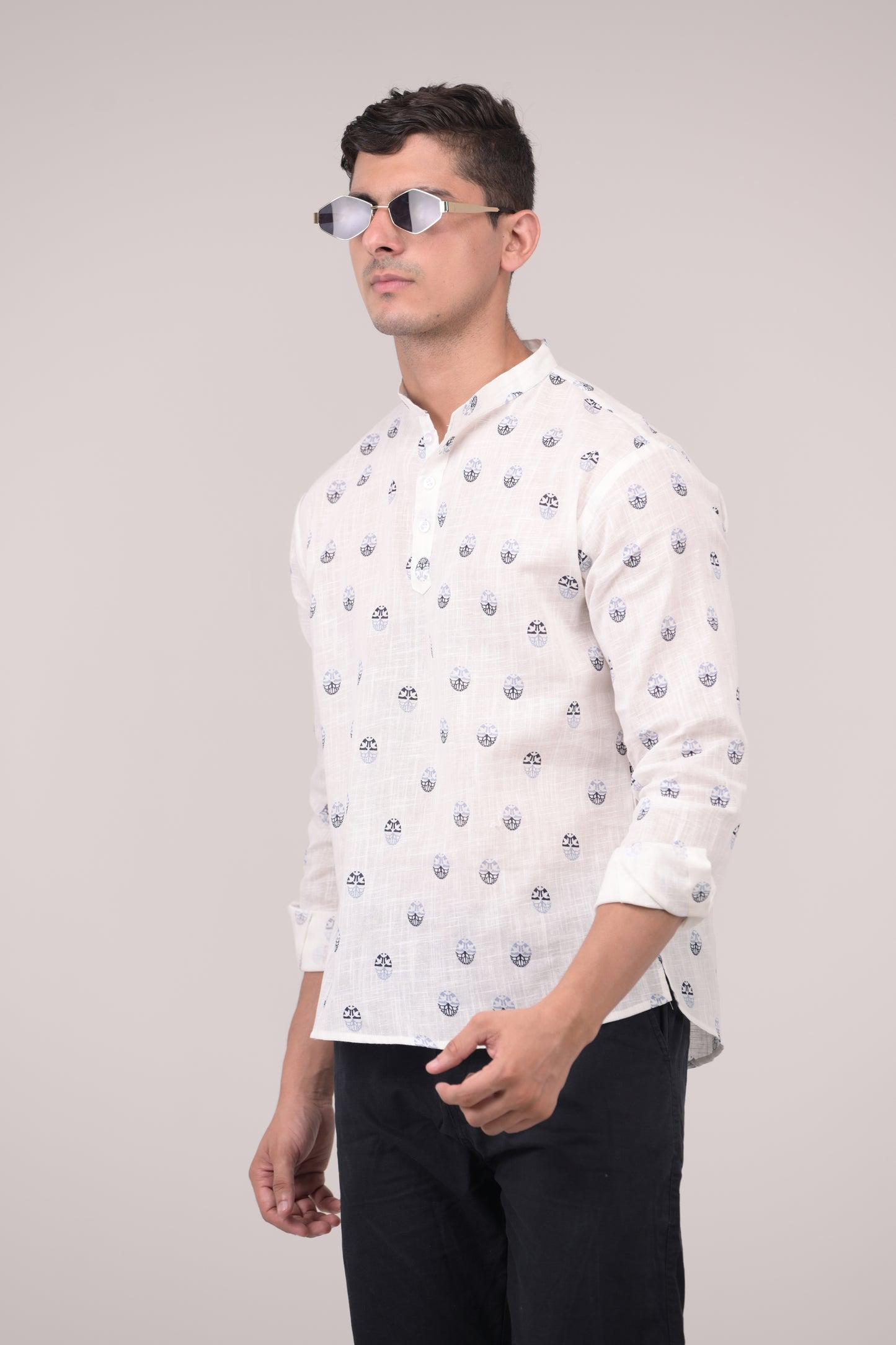 White Printed Linen blend Short Kurta