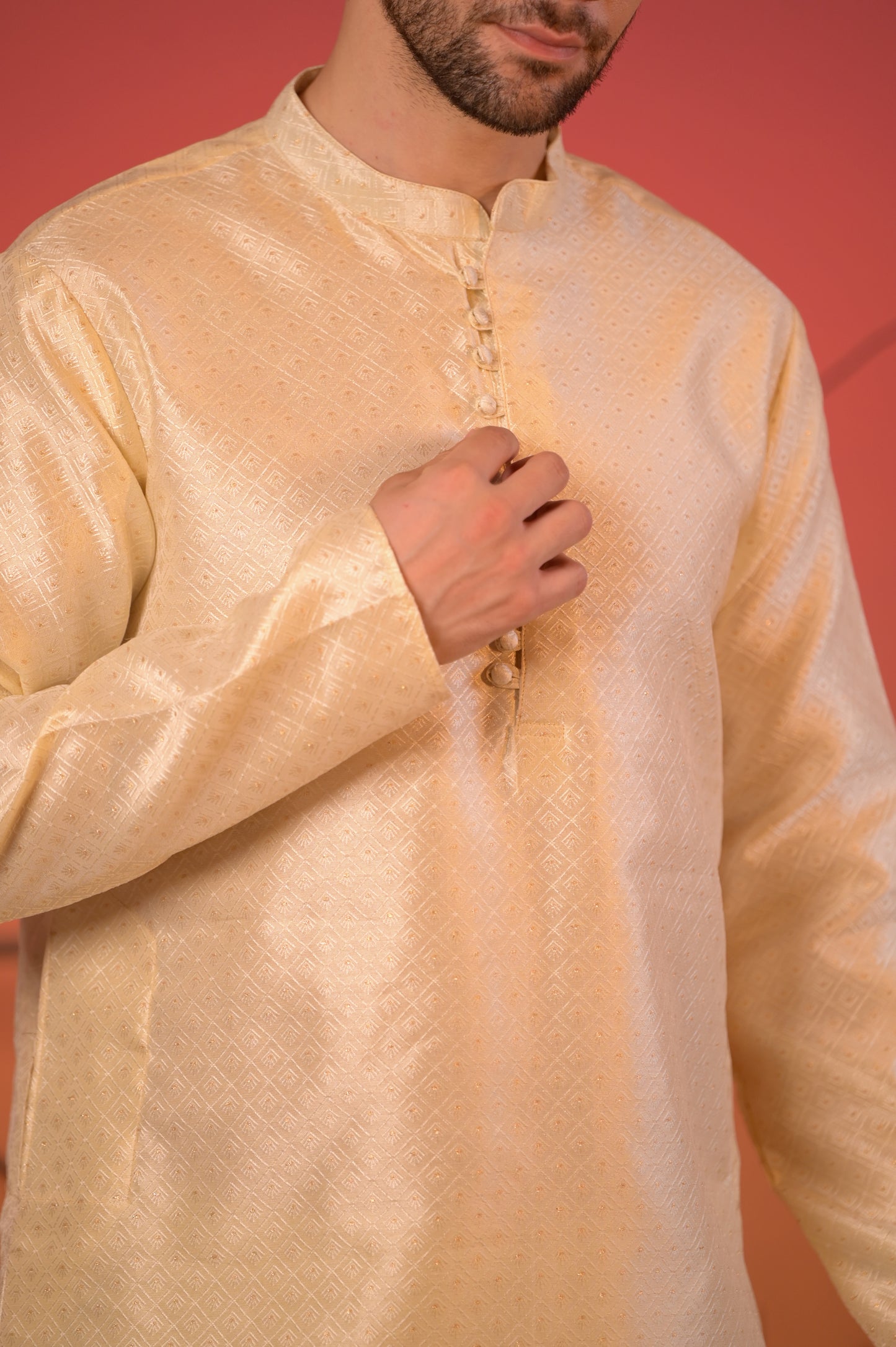 Off-White Jacquard Kurta with Subtle Self-Design & White Salwar Set