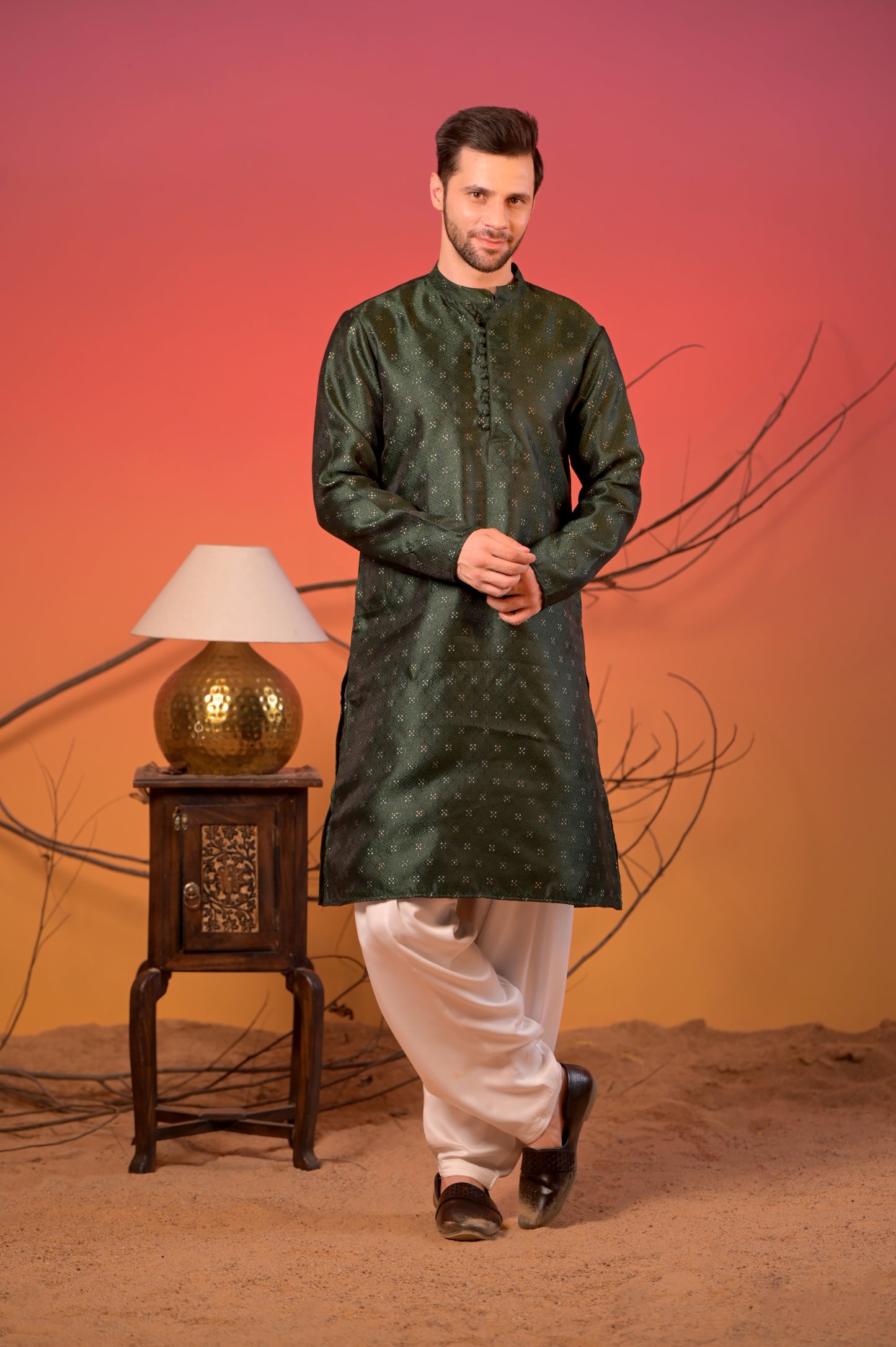 Festive Olive Green Silk Kurta with White Salwar set