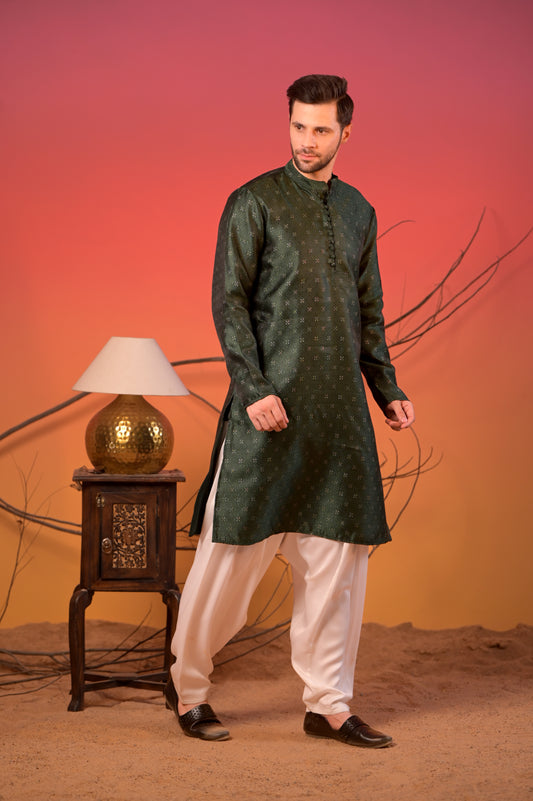 Festive Olive Green Silk Kurta with White Salwar set