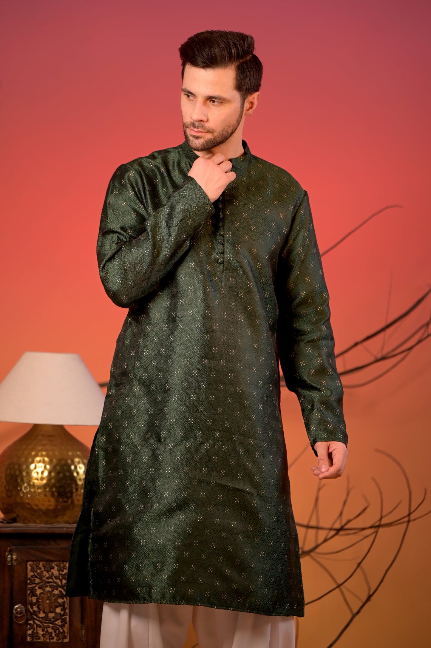 Festive Olive Green Silk Kurta with White Salwar set