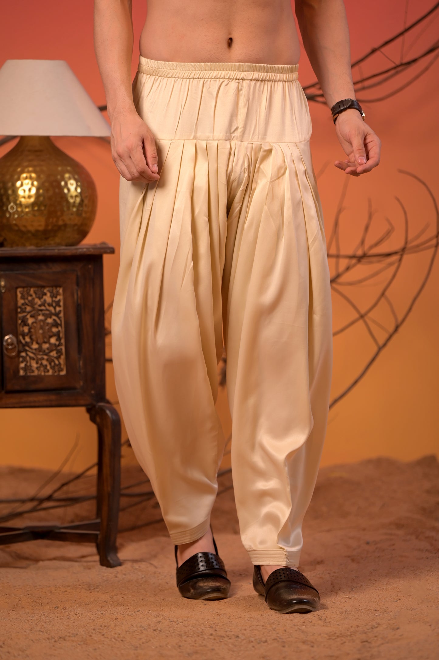 Pastel Beige Floral Printed Cotton-Silk Kurta with Golden Zari work & Cream Salwar Set