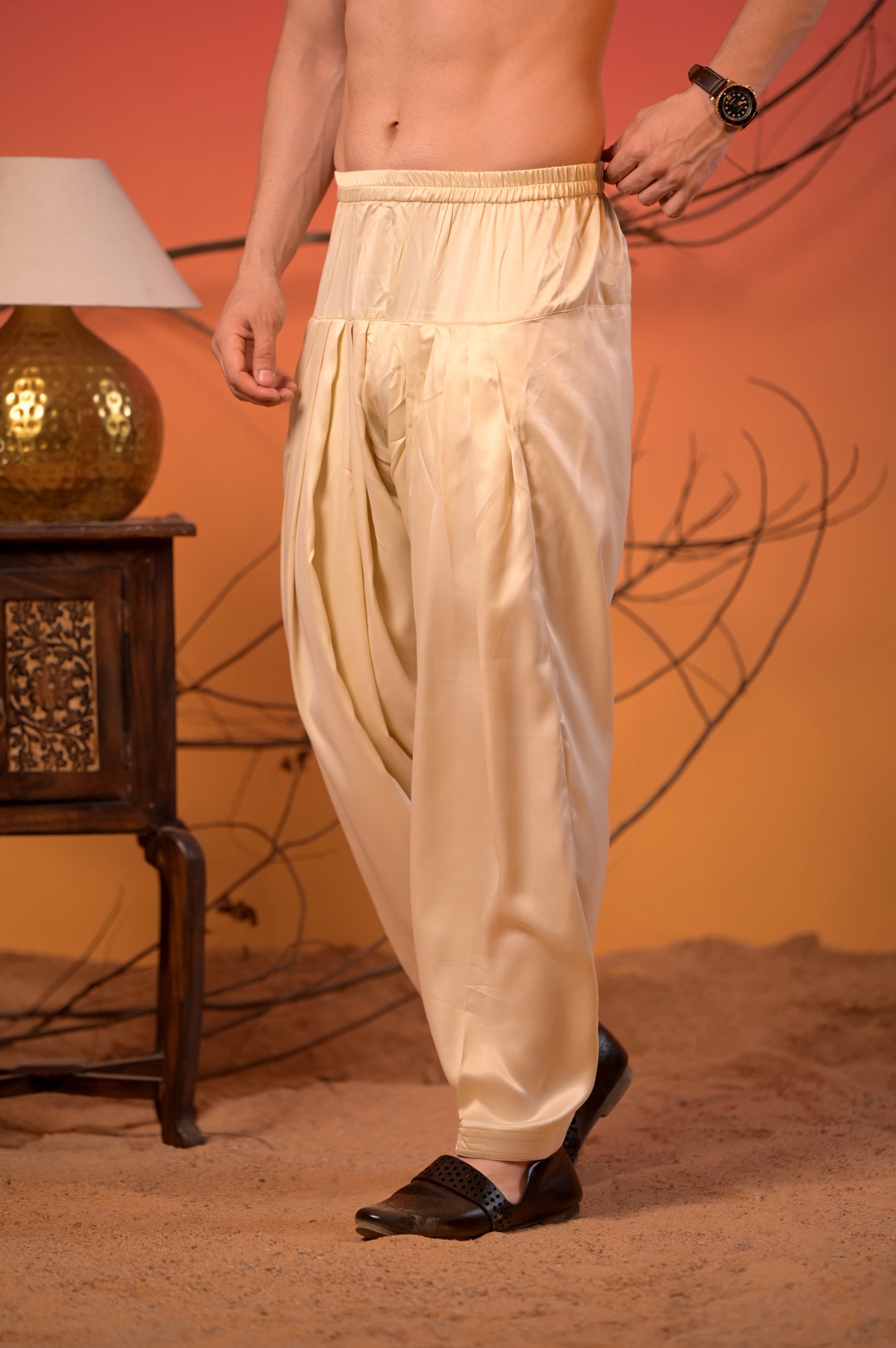 Pastel Beige Floral Printed Cotton-Silk Kurta with Golden Zari work & Cream Salwar Set