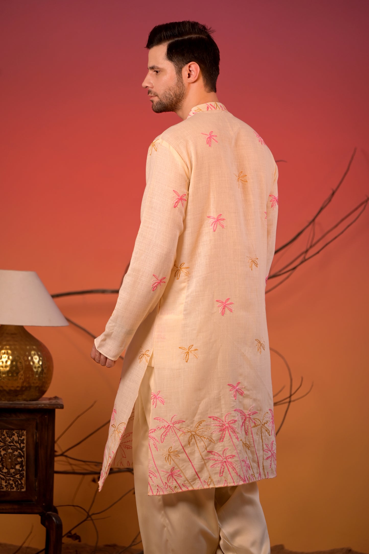 Off-White Embroidered Linen Kurta with Pink & Mustard Palm Motifs and Cream Salwar Set