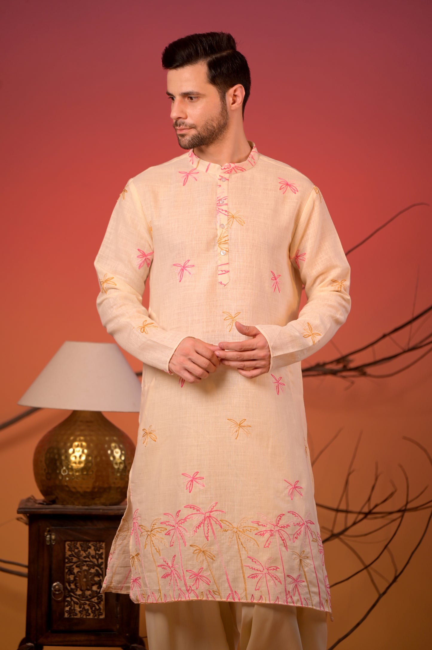 Off-White Embroidered Linen Kurta with Pink & Mustard Palm Motifs and Cream Salwar Set