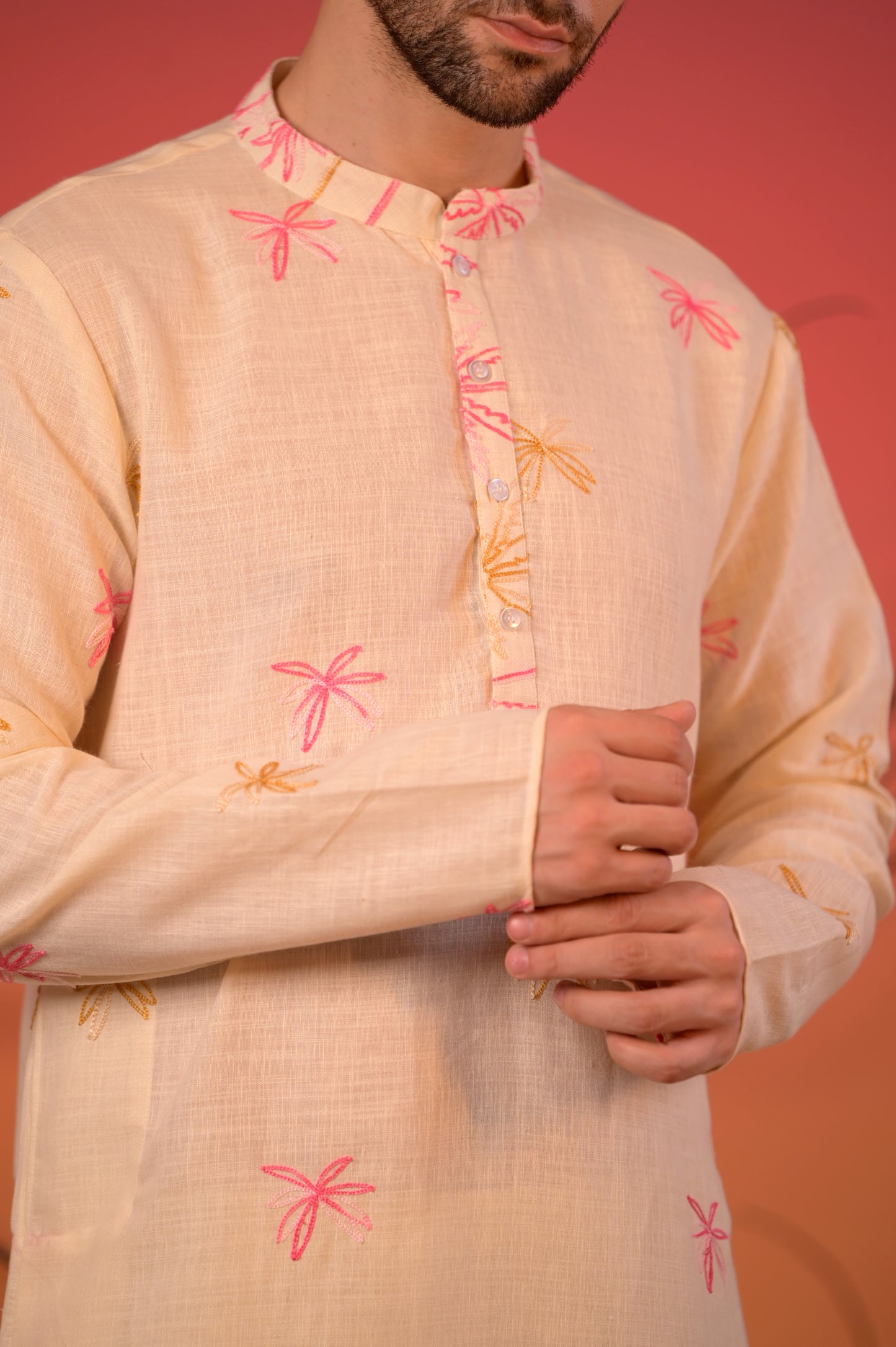 Off-White Embroidered Linen Kurta with Pink & Mustard Palm Motifs and Cream Salwar Set