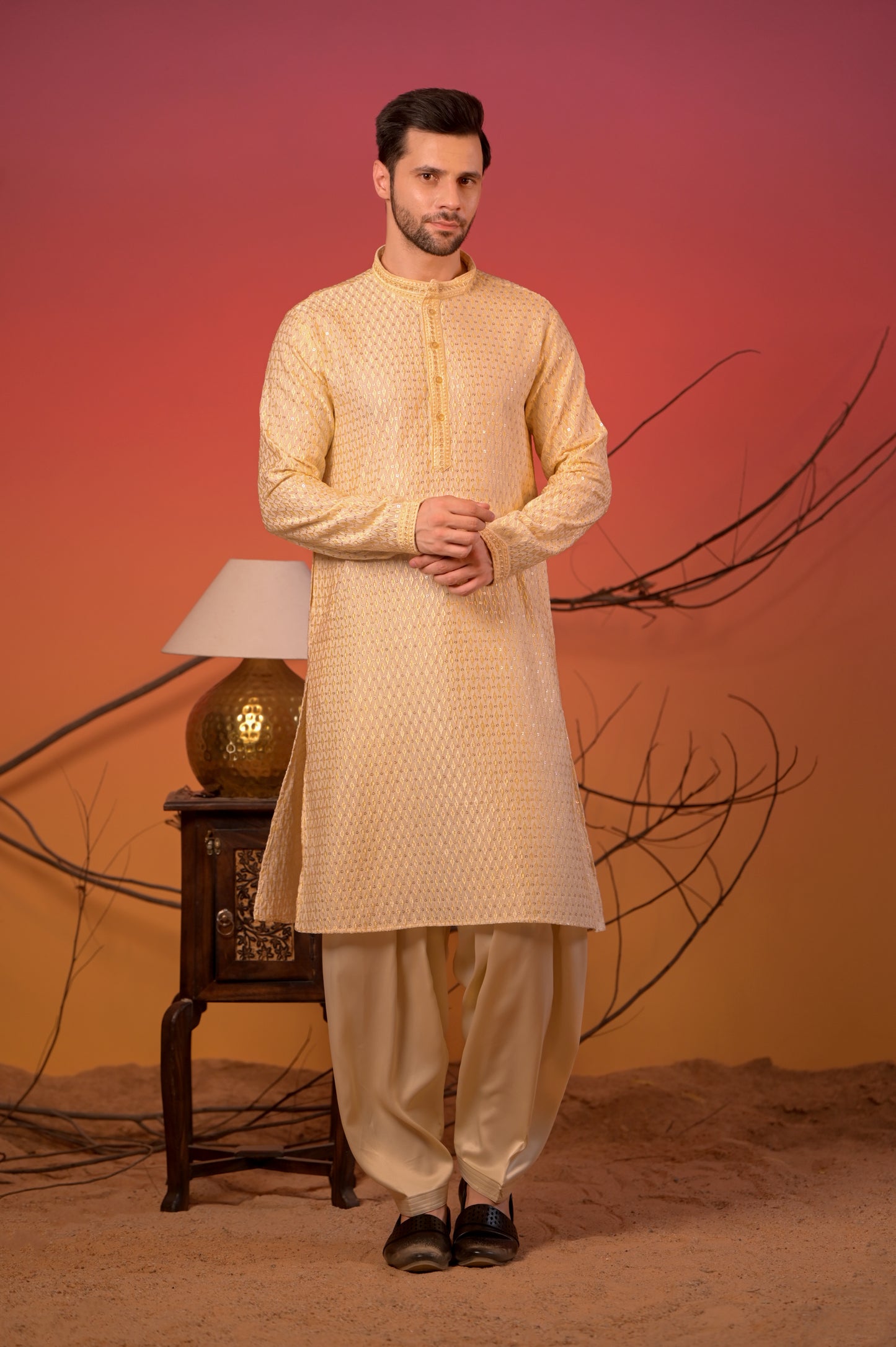 Golden Beige Cotton-Silk Kurta with Silk Thread Diamond Work & Cream Salwar Set