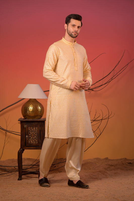 Golden Beige Cotton-Silk Kurta with Silk Thread Diamond Work & Cream Salwar Set