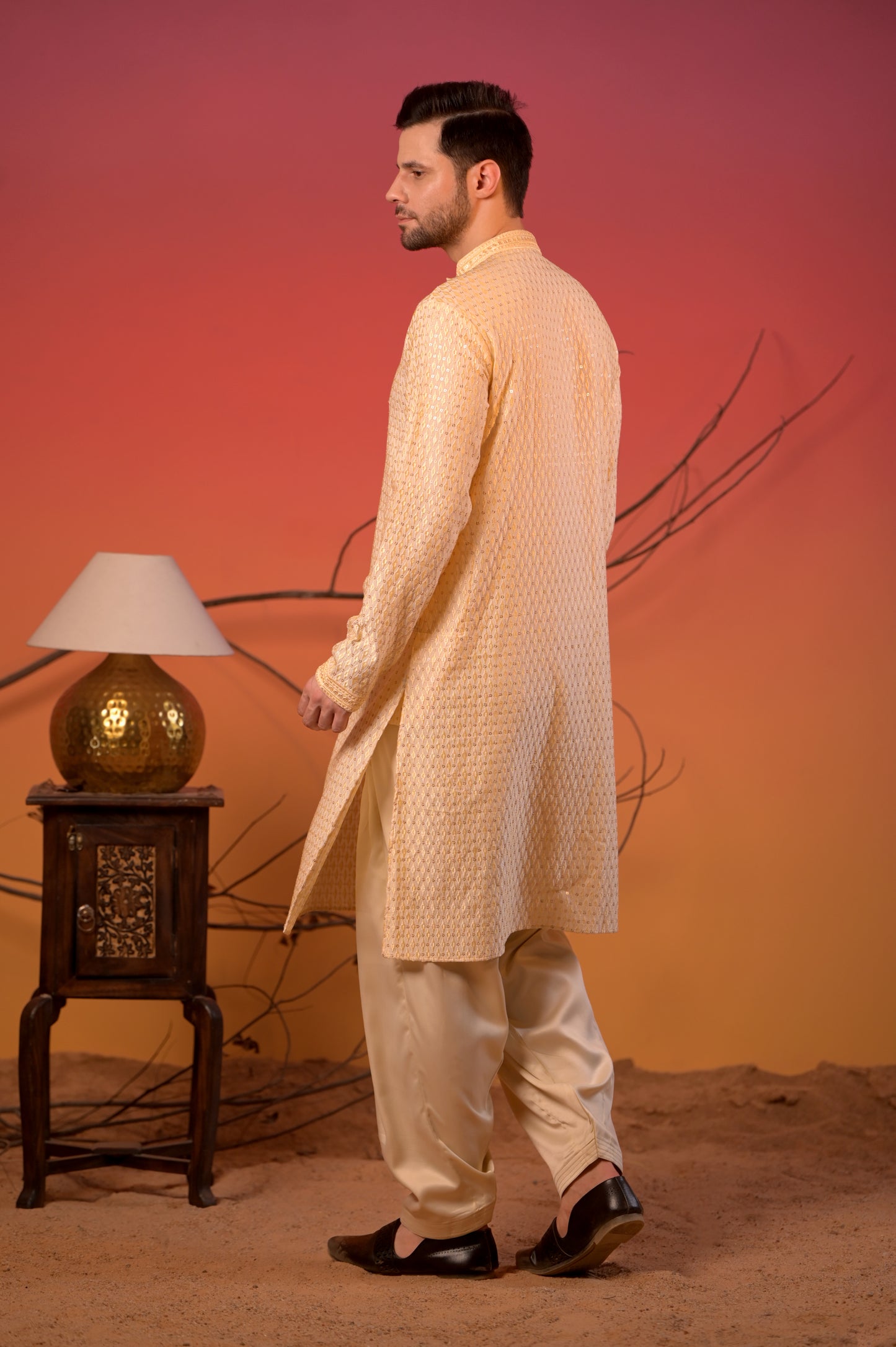 Golden Beige Cotton-Silk Kurta with Silk Thread Diamond Work & Cream Salwar Set