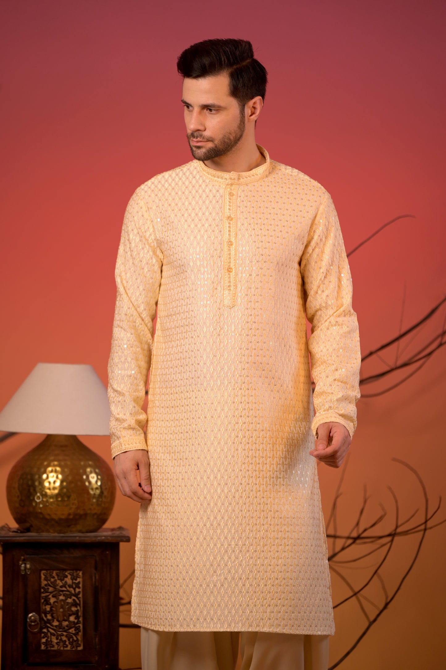 Golden Beige Cotton-Silk Kurta with Silk Thread Diamond Work & Cream Salwar Set