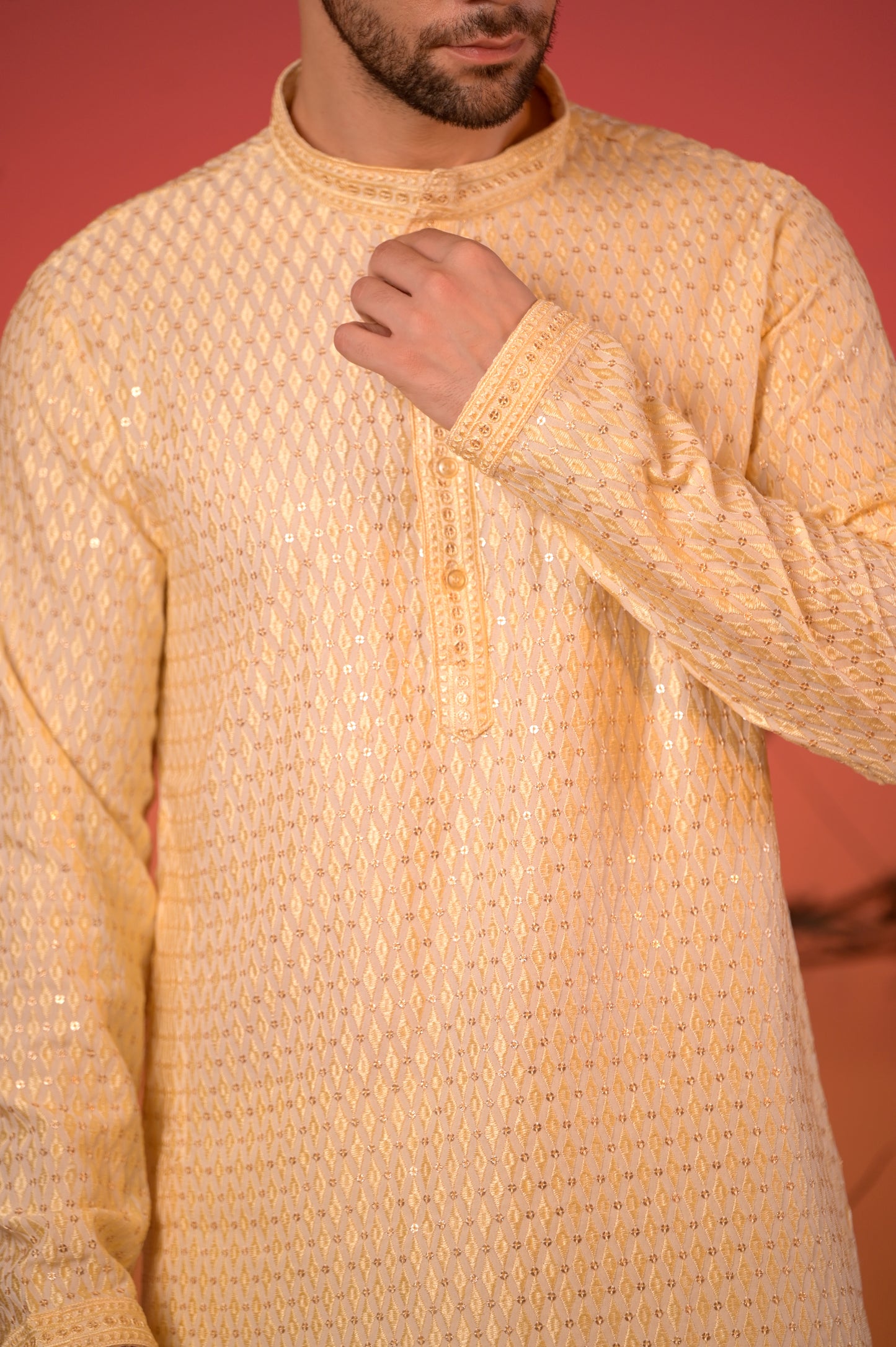 Golden Beige Cotton-Silk Kurta with Silk Thread Diamond Work & Cream Salwar Set