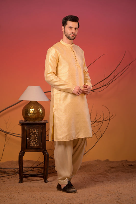 Golden Yellow Jacquard Kurta with Subtle Motif Weave & Cream Salwar Set