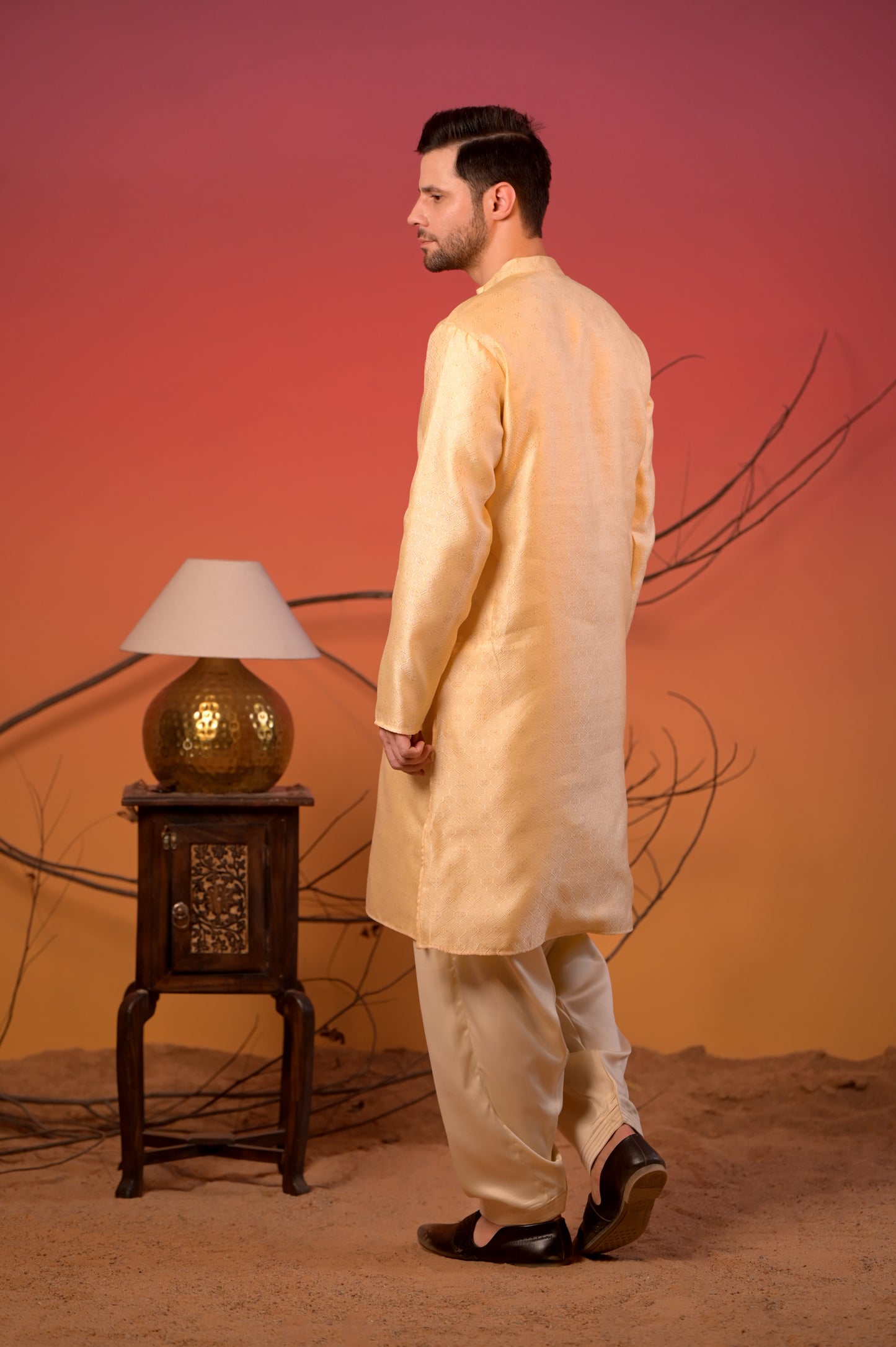 Golden Yellow Jacquard Kurta with Subtle Motif Weave & Cream Salwar Set