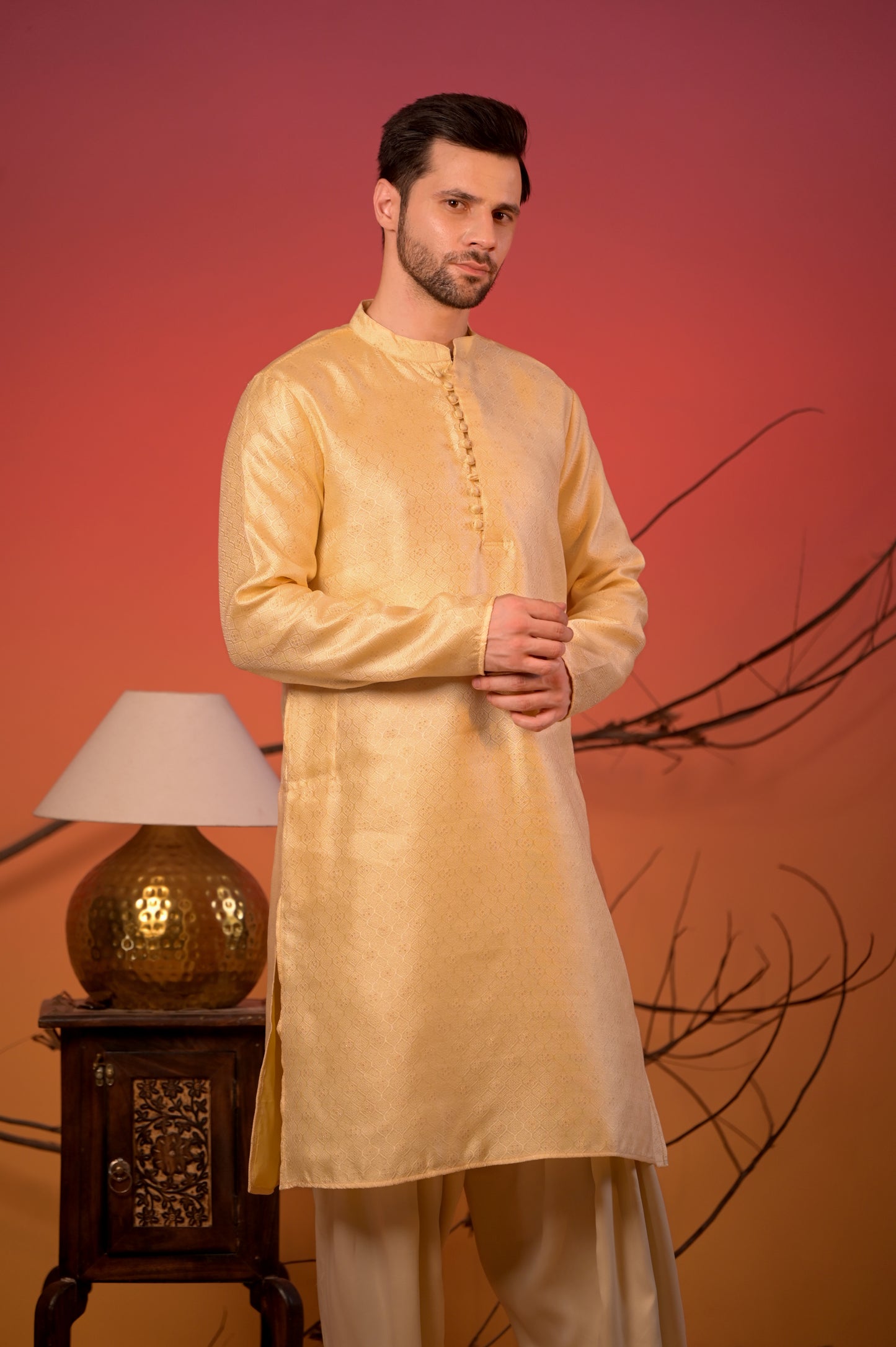 Golden Yellow Jacquard Kurta with Subtle Motif Weave & Cream Salwar Set