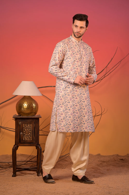 Pastel Beige Floral Printed Cotton-Silk Kurta with Golden Zari work & Cream Salwar Set