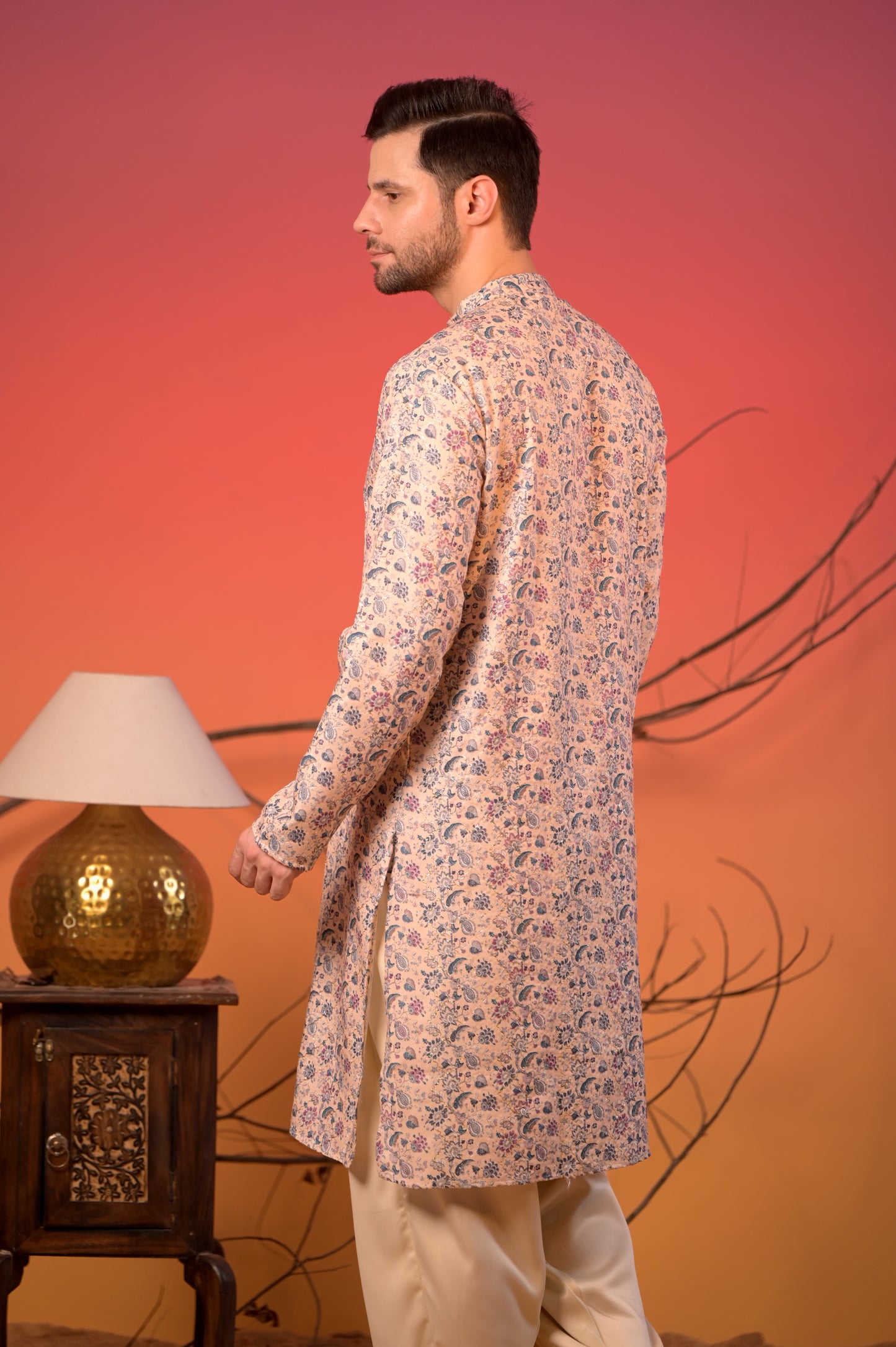 Pastel Beige Floral Printed Cotton-Silk Kurta with Golden Zari work & Cream Salwar Set