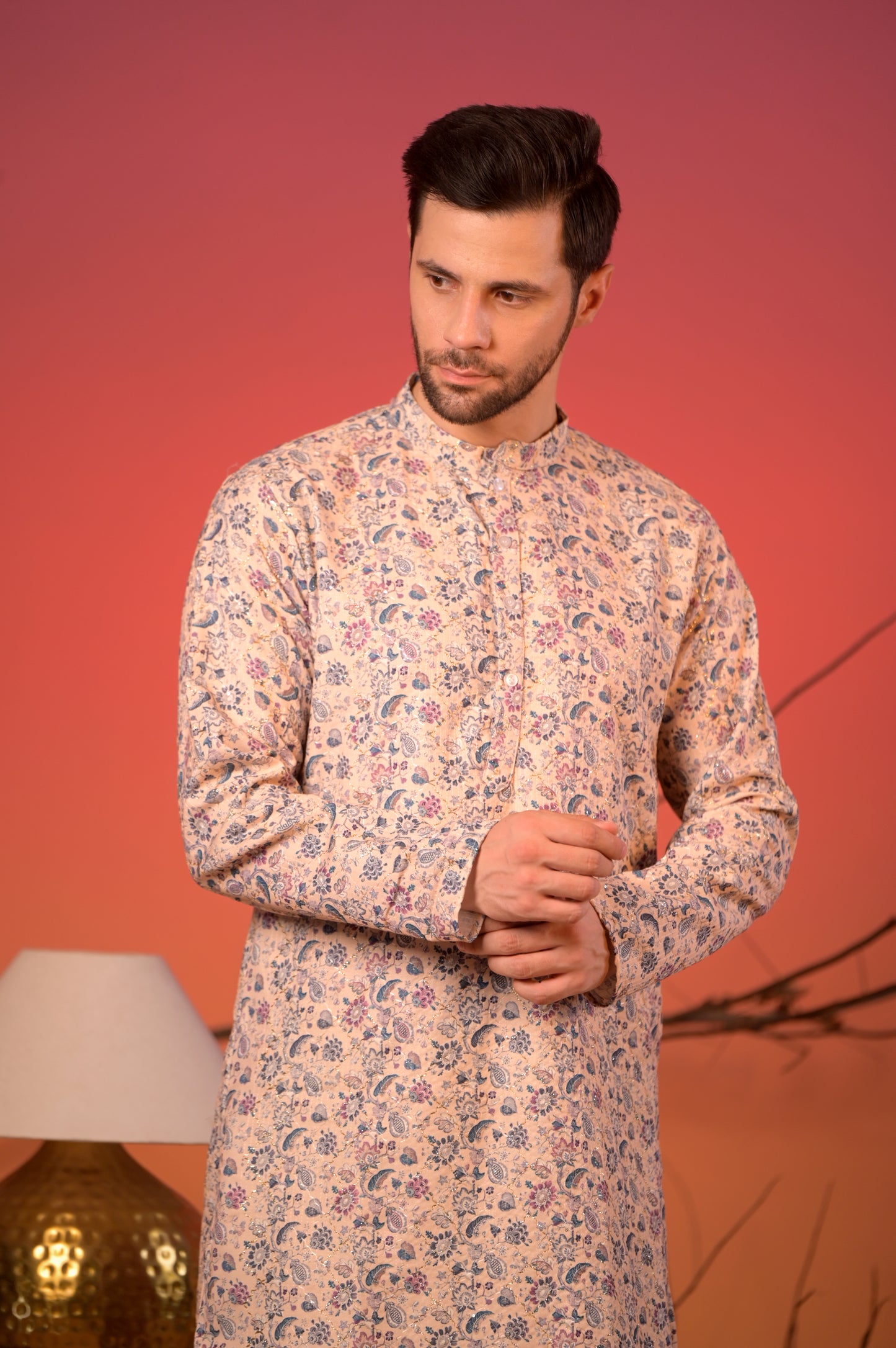 Pastel Beige Floral Printed Cotton-Silk Kurta with Golden Zari work & Cream Salwar Set