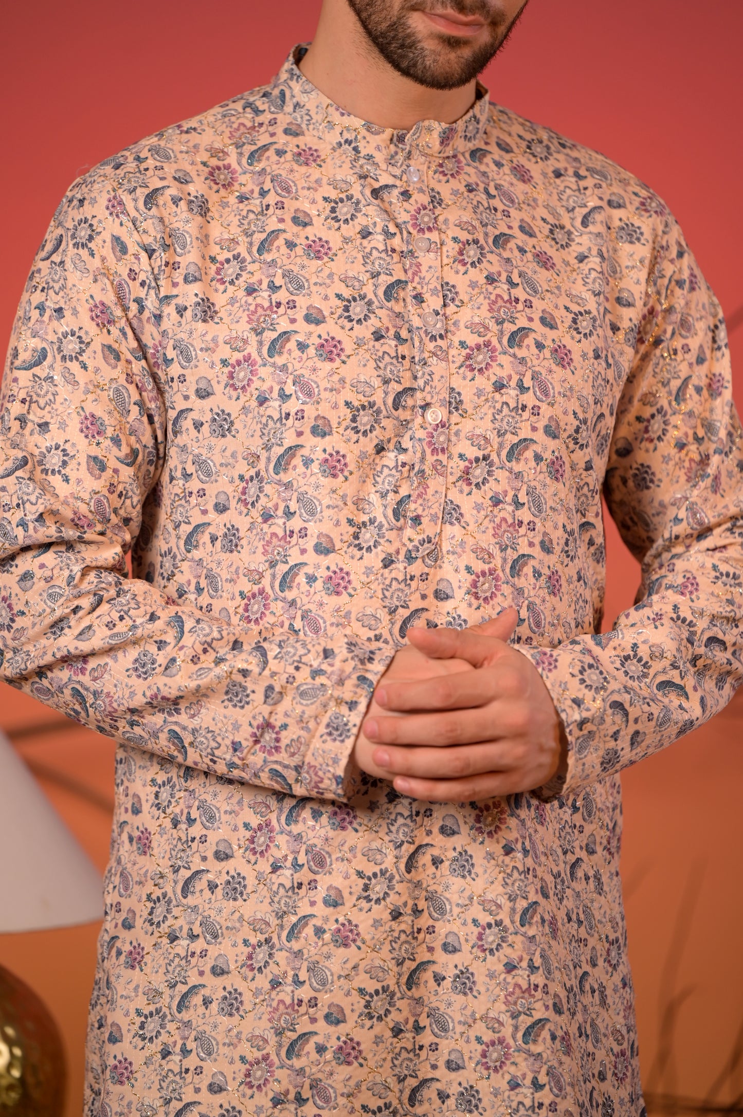 Pastel Beige Floral Printed Cotton-Silk Kurta with Golden Zari work & Cream Salwar Set