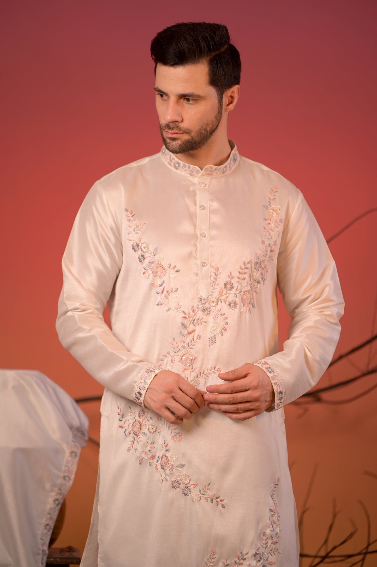 Off-white silk kurta with embroidery