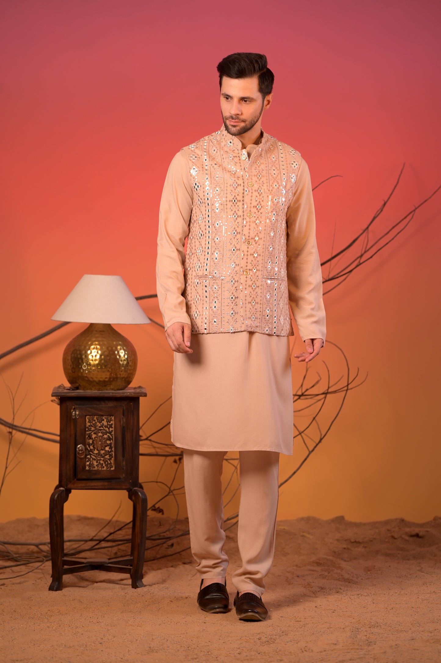 Beige Linen-Silk Kurta with Mirror-Embroidered Nehru Jacket & Trousers Set
