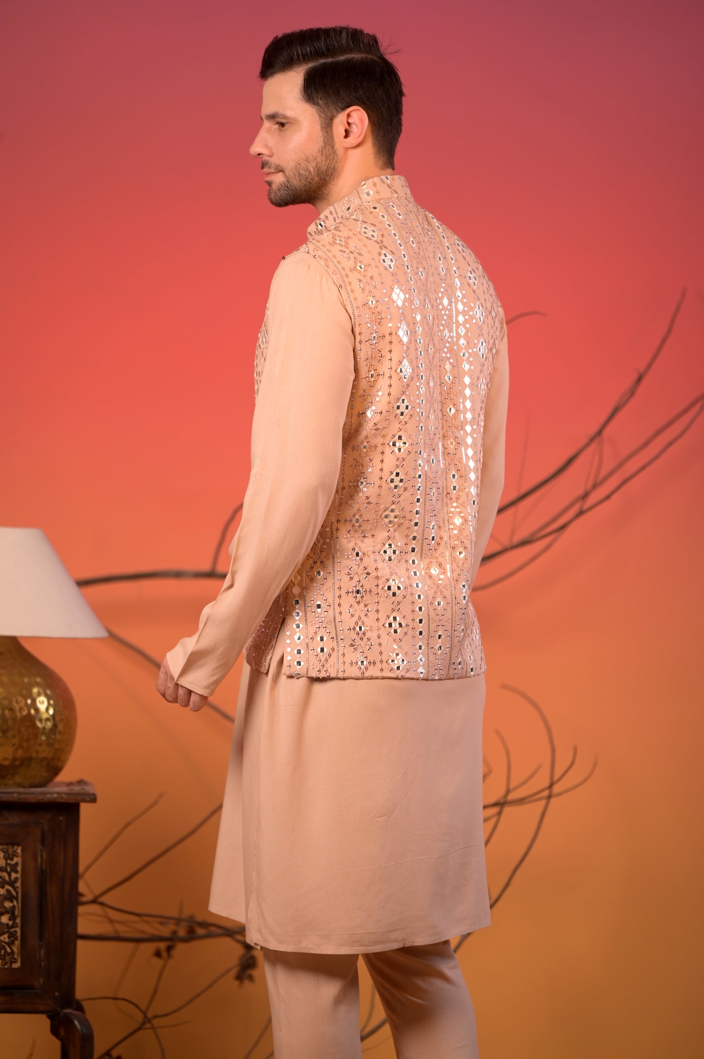 Beige Linen-Silk Kurta with Mirror-Embroidered Nehru Jacket & Trousers Set