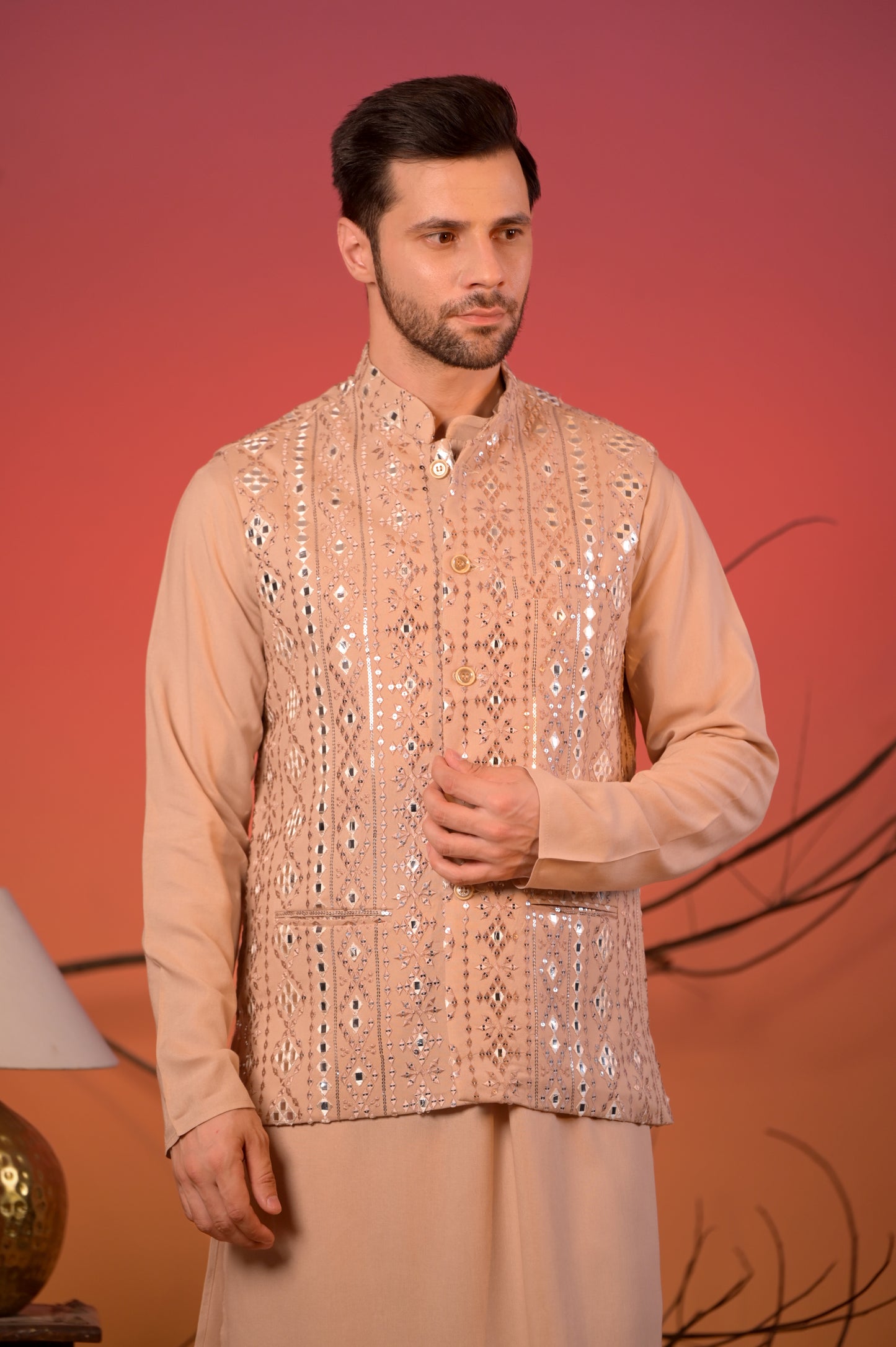 Beige Linen-Silk Kurta with Mirror-Embroidered Nehru Jacket & Trousers Set