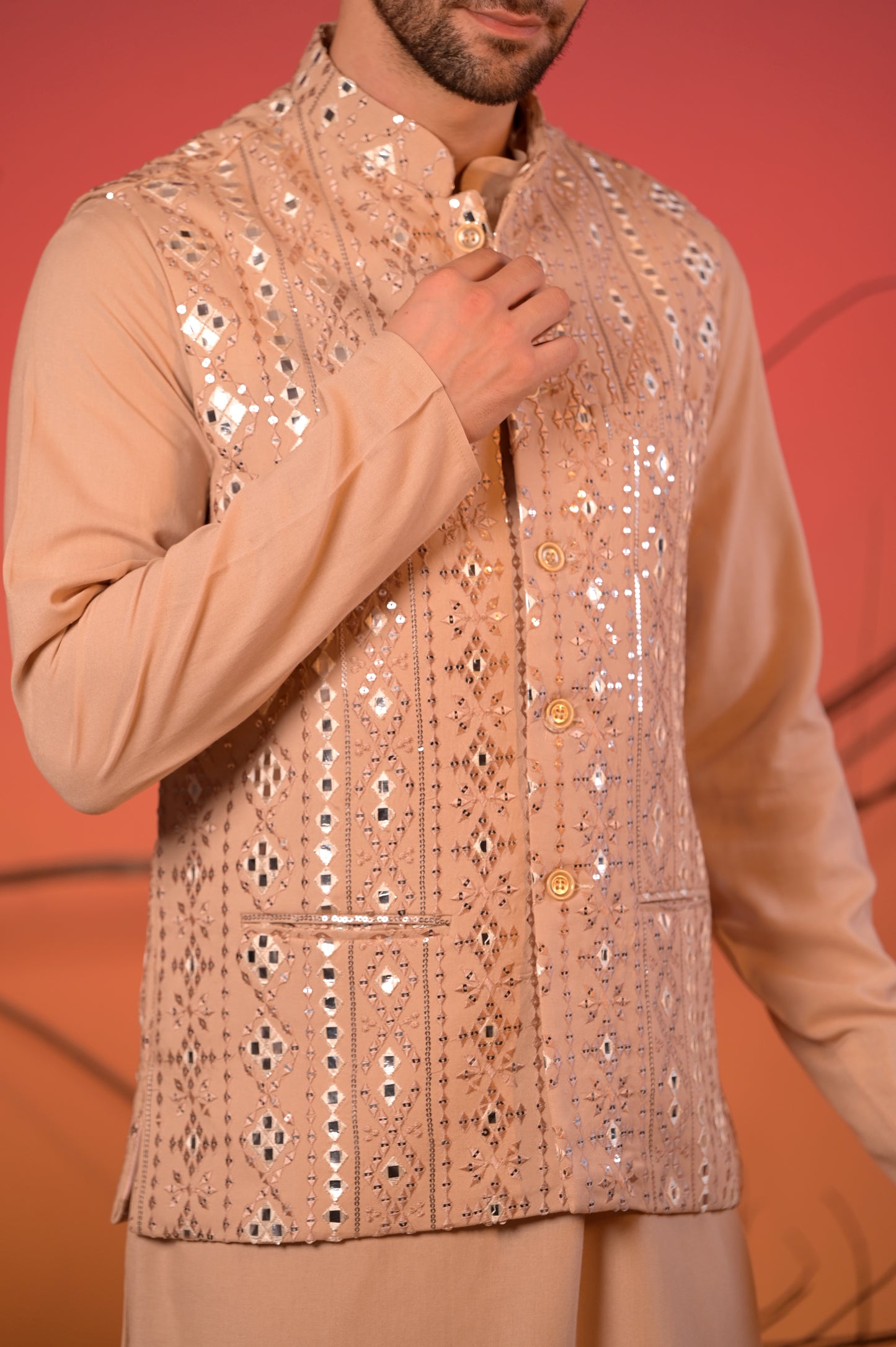 Beige Linen-Silk Kurta with Mirror-Embroidered Nehru Jacket & Trousers Set