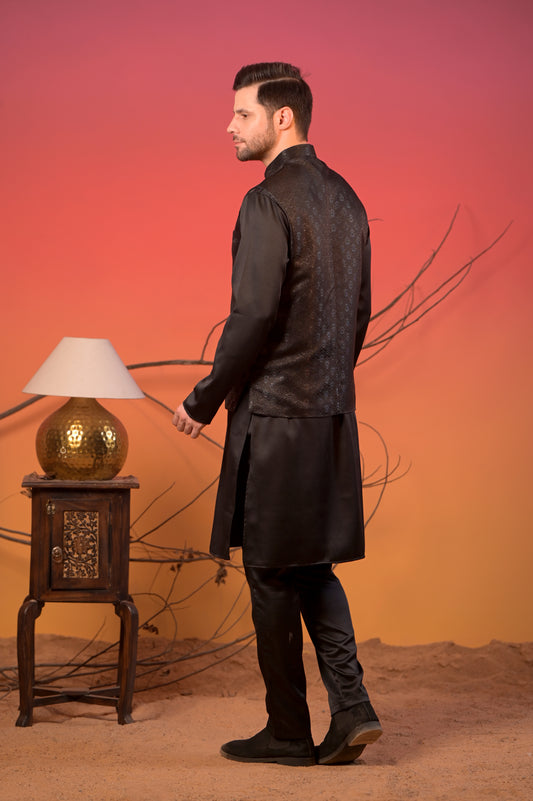 Black Jacquard Kurta with Matching Nehru Jacket & Trousers Set