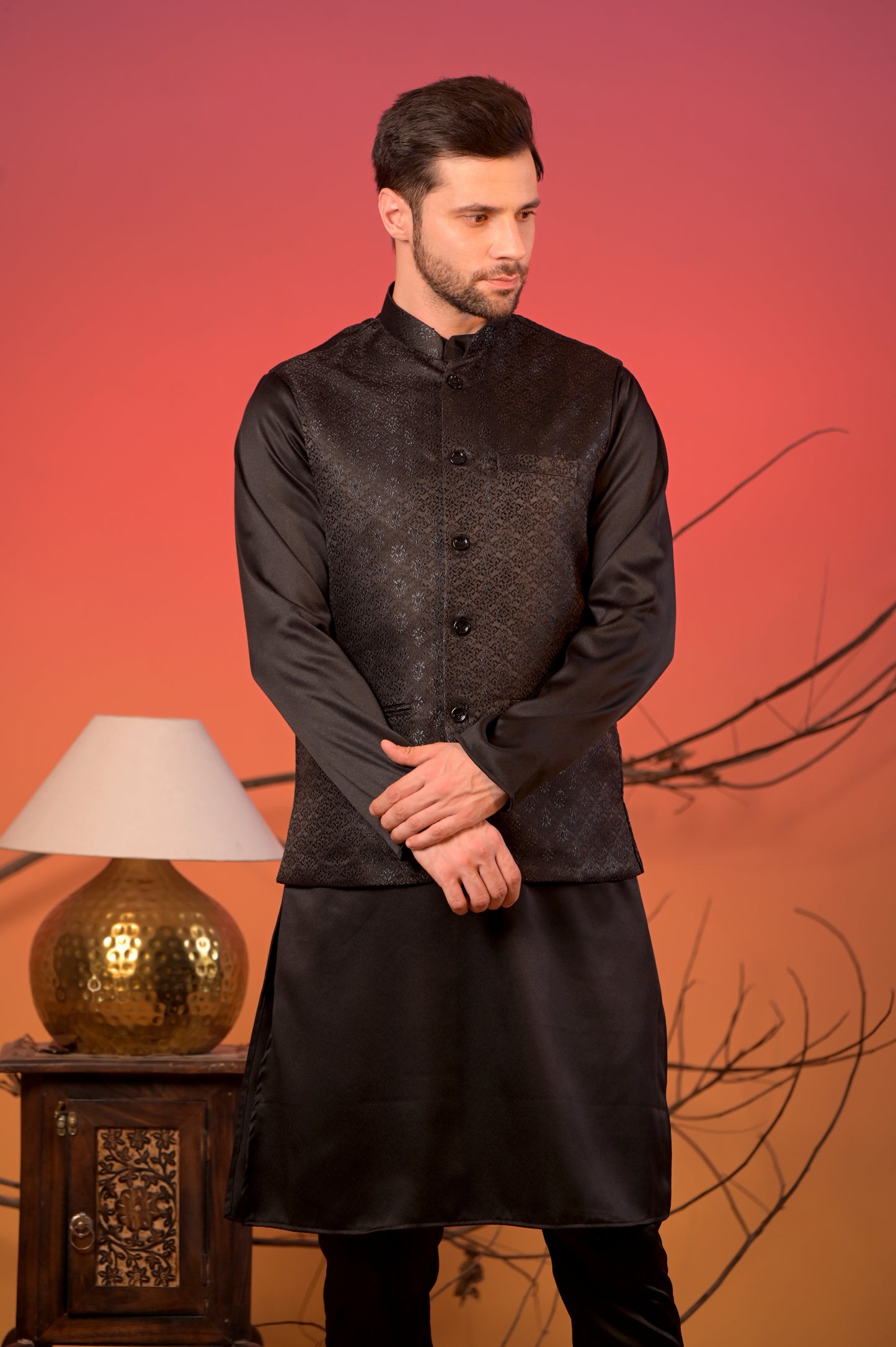 Black Jacquard Kurta with Matching Nehru Jacket & Trousers Set
