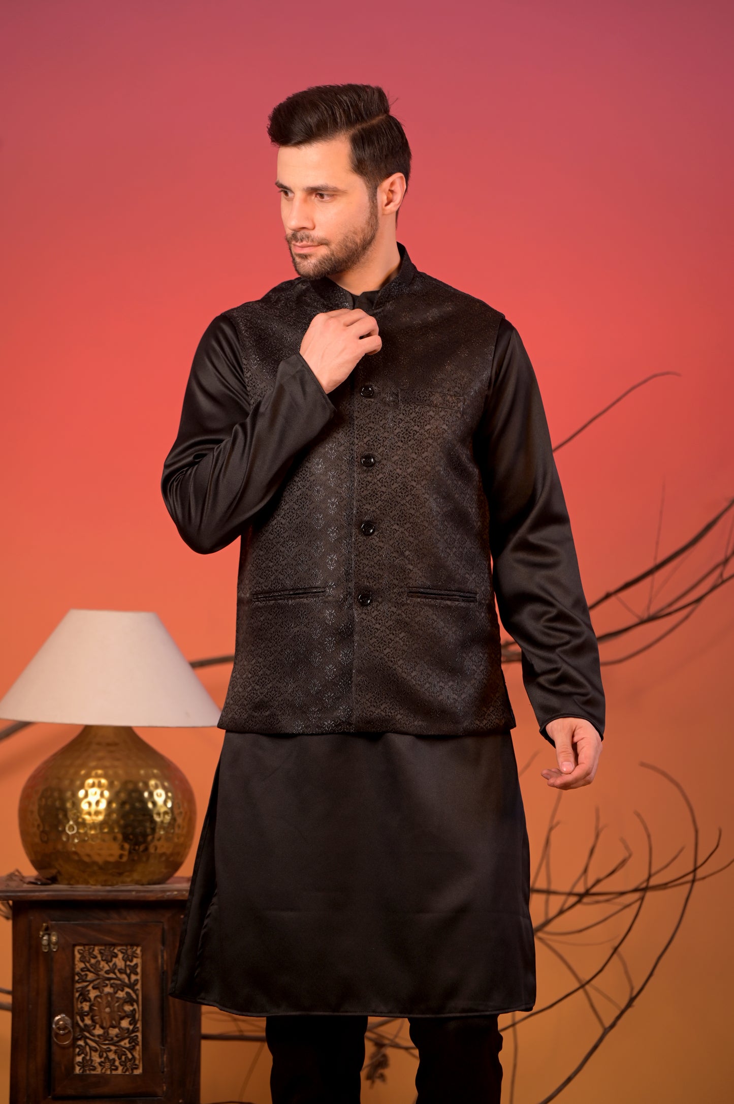 Black Jacquard Kurta with Matching Nehru Jacket & Trousers Set