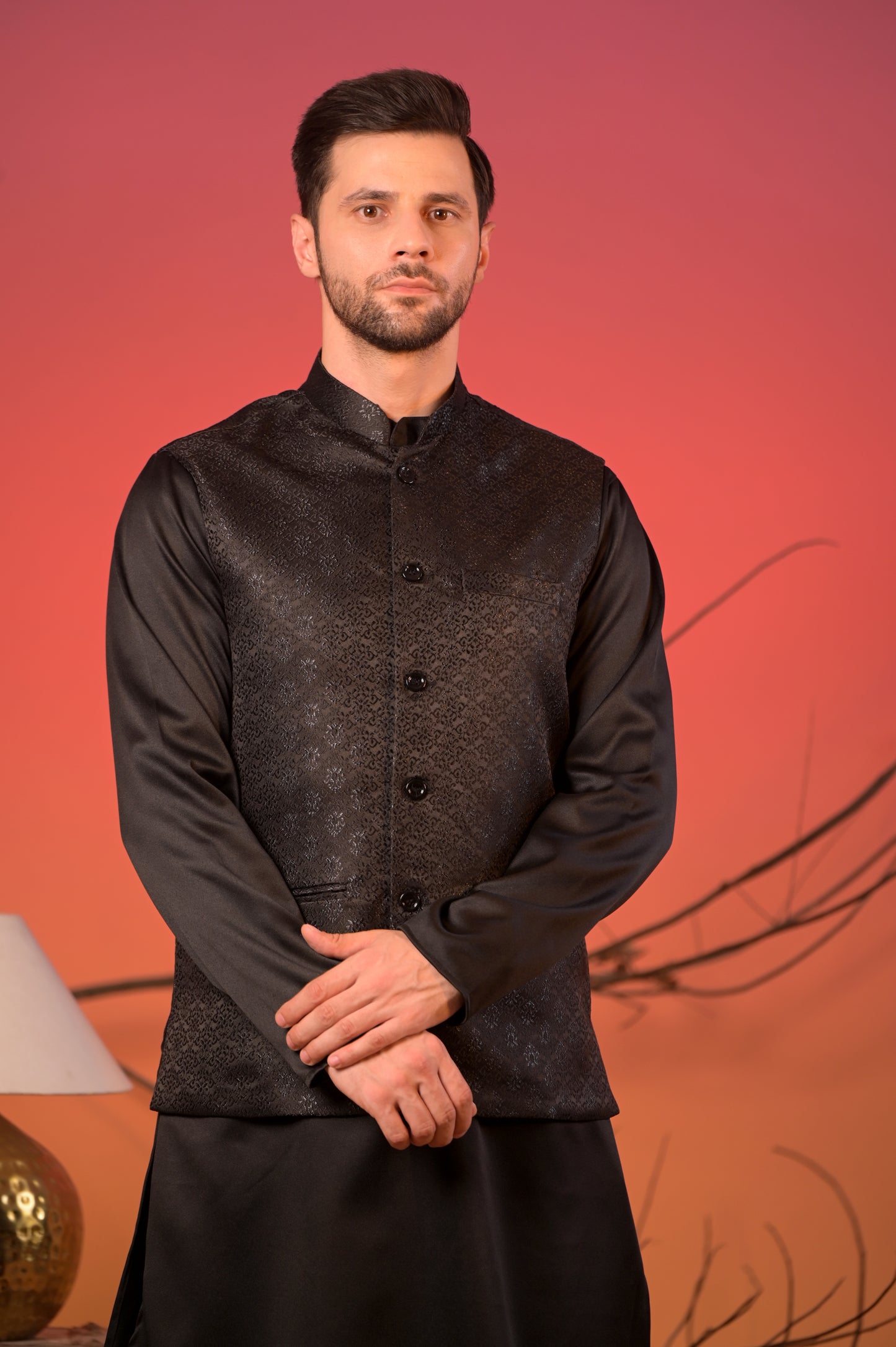 Black Jacquard Kurta with Matching Nehru Jacket & Trousers Set