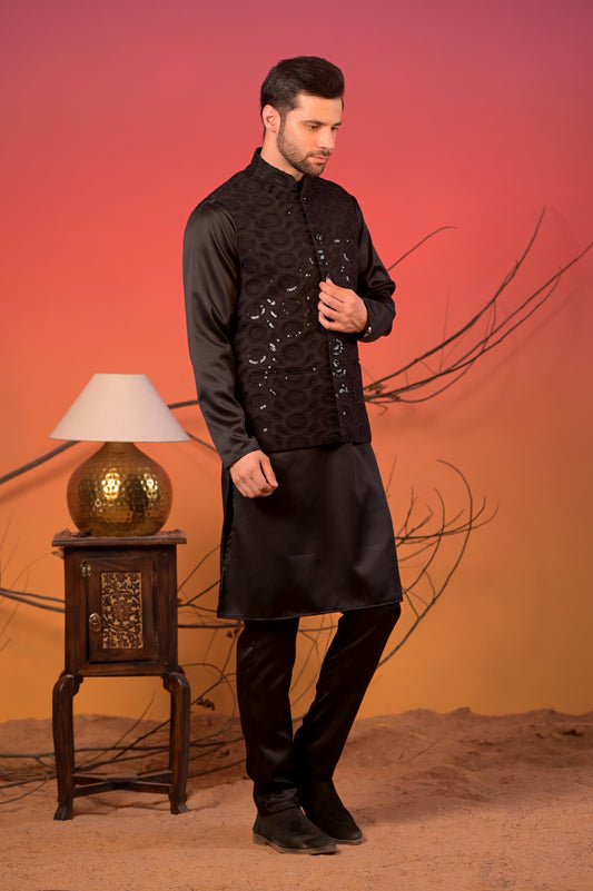 Black Satin Kurta with Hakoba Sequin-Embroidered Nehru Jacket & Trousers Set