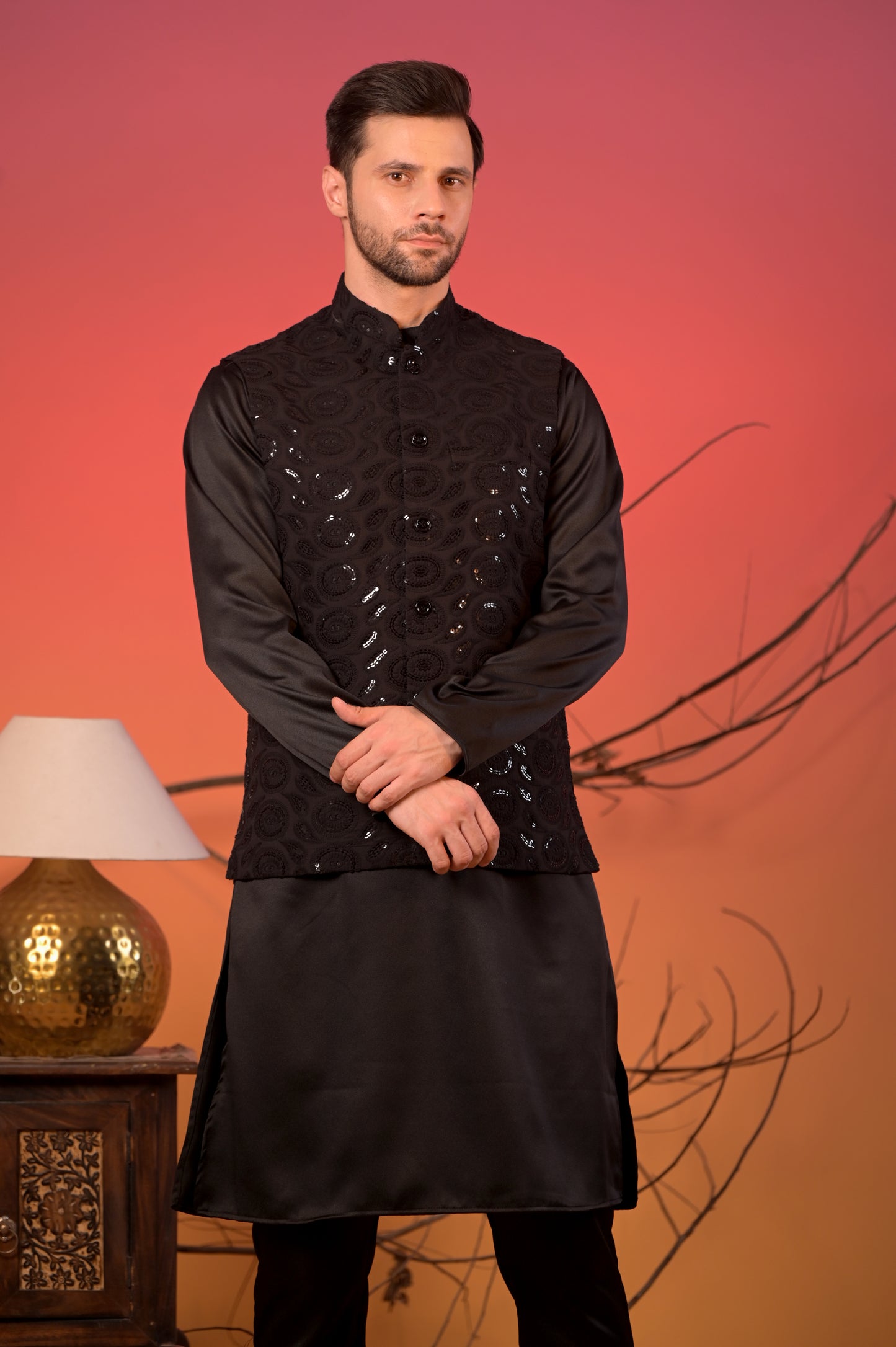Black Satin Kurta with Hakoba Sequin-Embroidered Nehru Jacket & Trousers Set