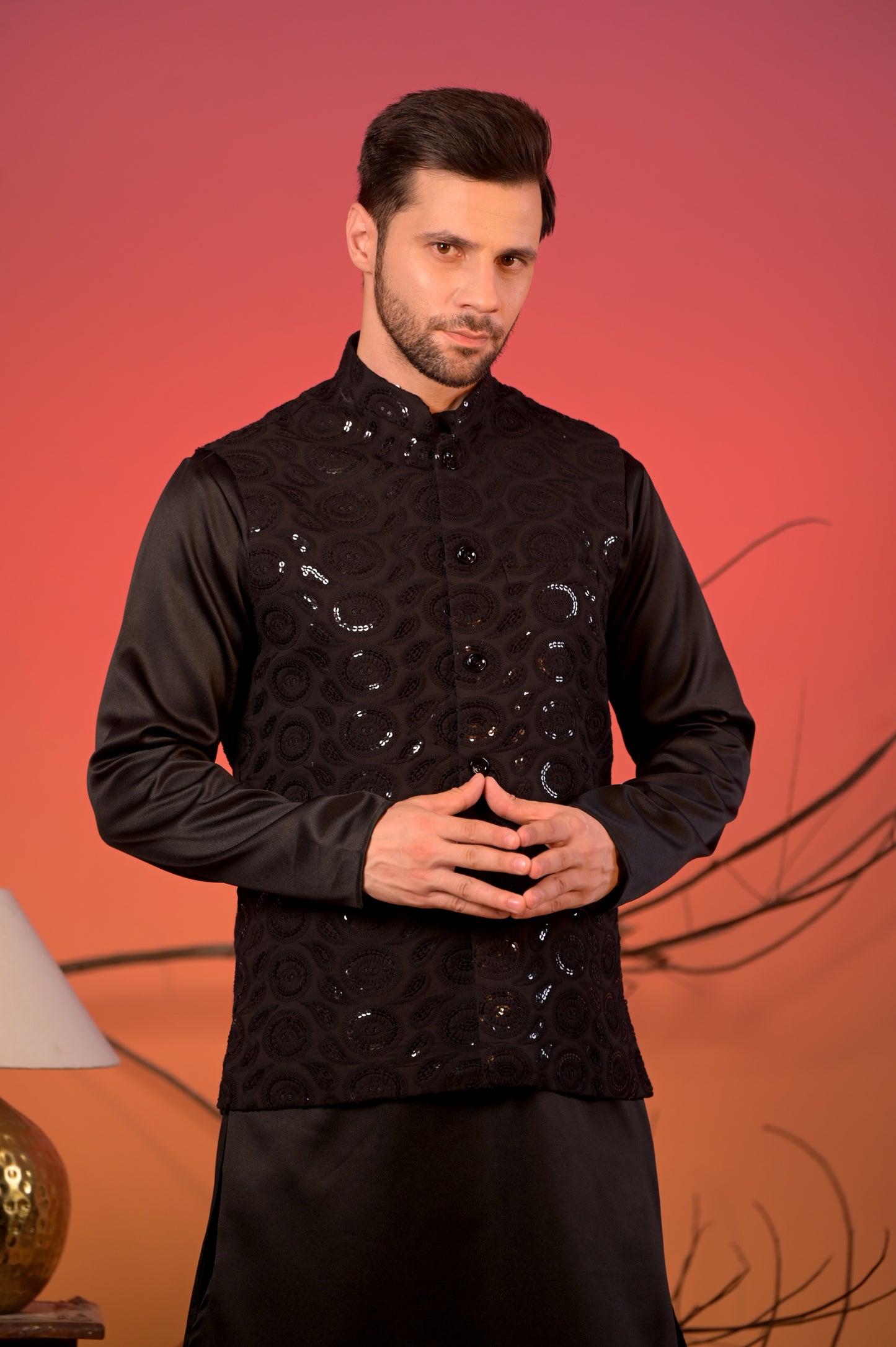 Black Satin Kurta with Hakoba Sequin-Embroidered Nehru Jacket & Trousers Set