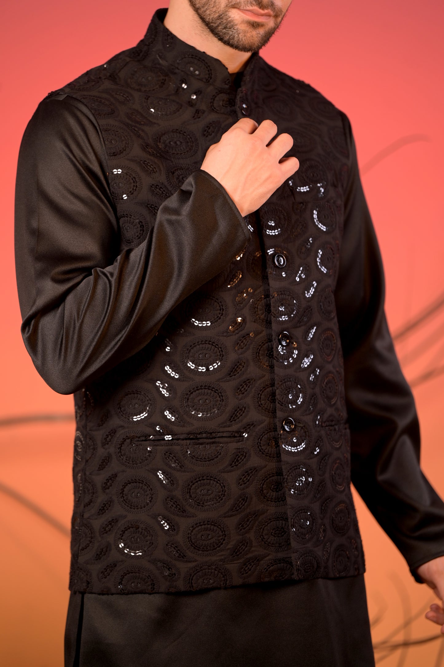 Black Satin Kurta with Hakoba Sequin-Embroidered Nehru Jacket & Trousers Set