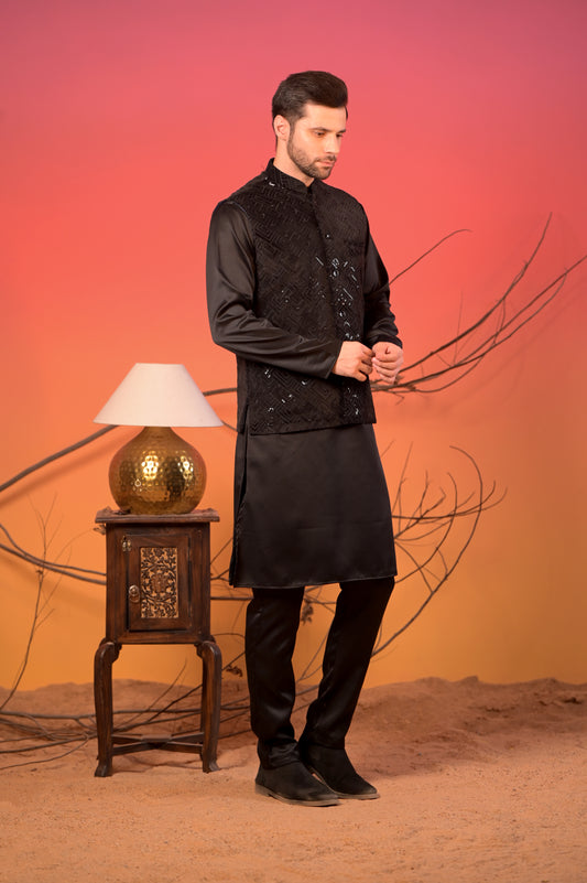 Black Sequin Embroidered Velvet Nehru Jacket with Black Satin Kurta & Trousers Set