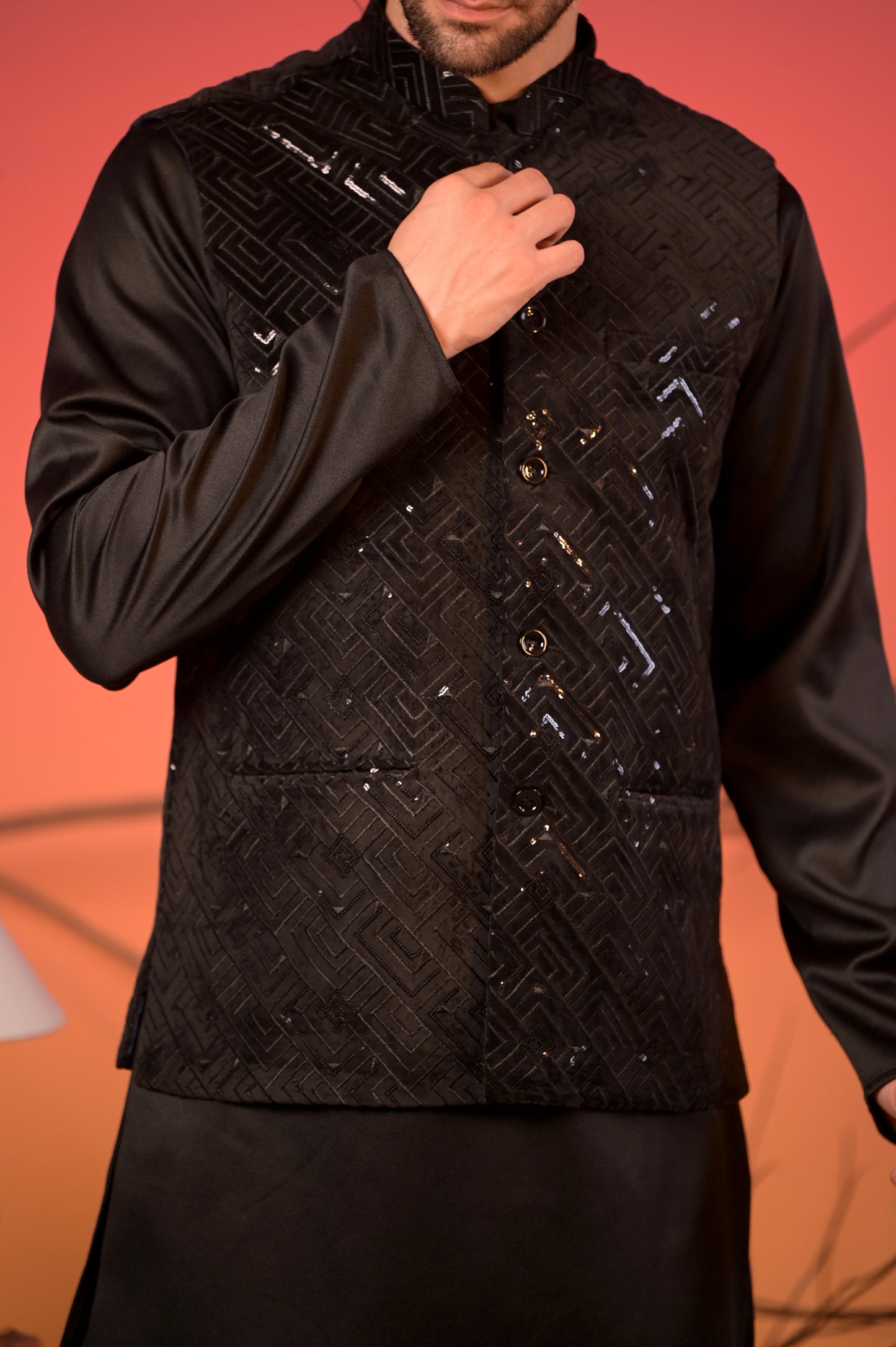 Black Sequin Embroidered Velvet Nehru Jacket with Black Satin Kurta & Trousers Set