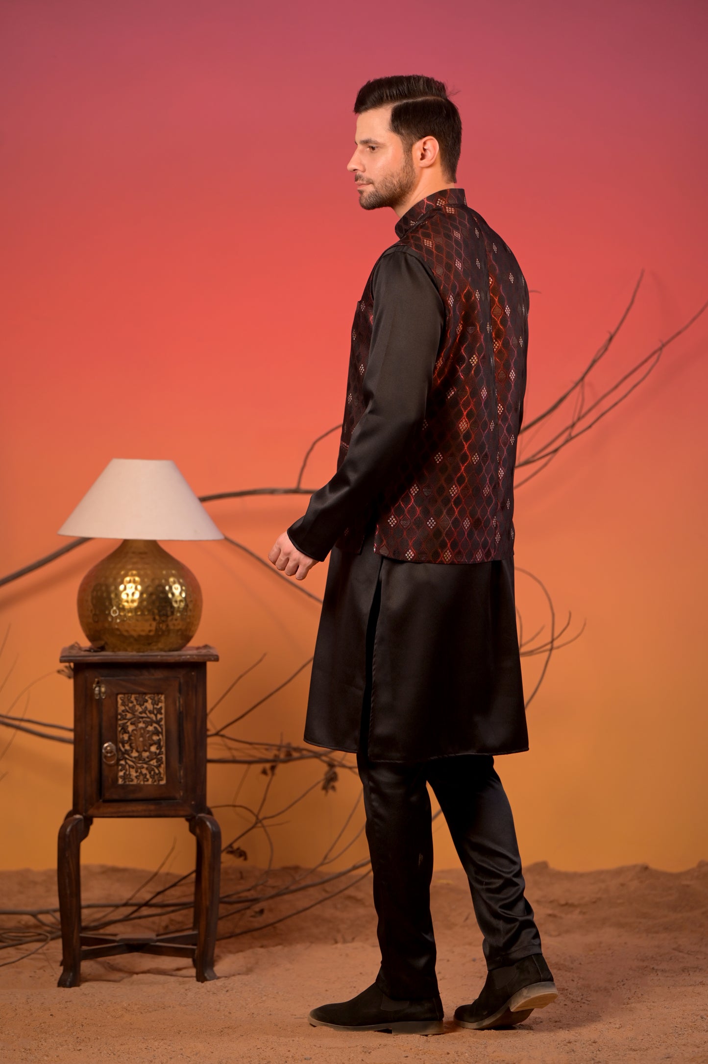 Black Jacquard Kurta with Maroon Diamond Weave Nehru Jacket & Trousers Set