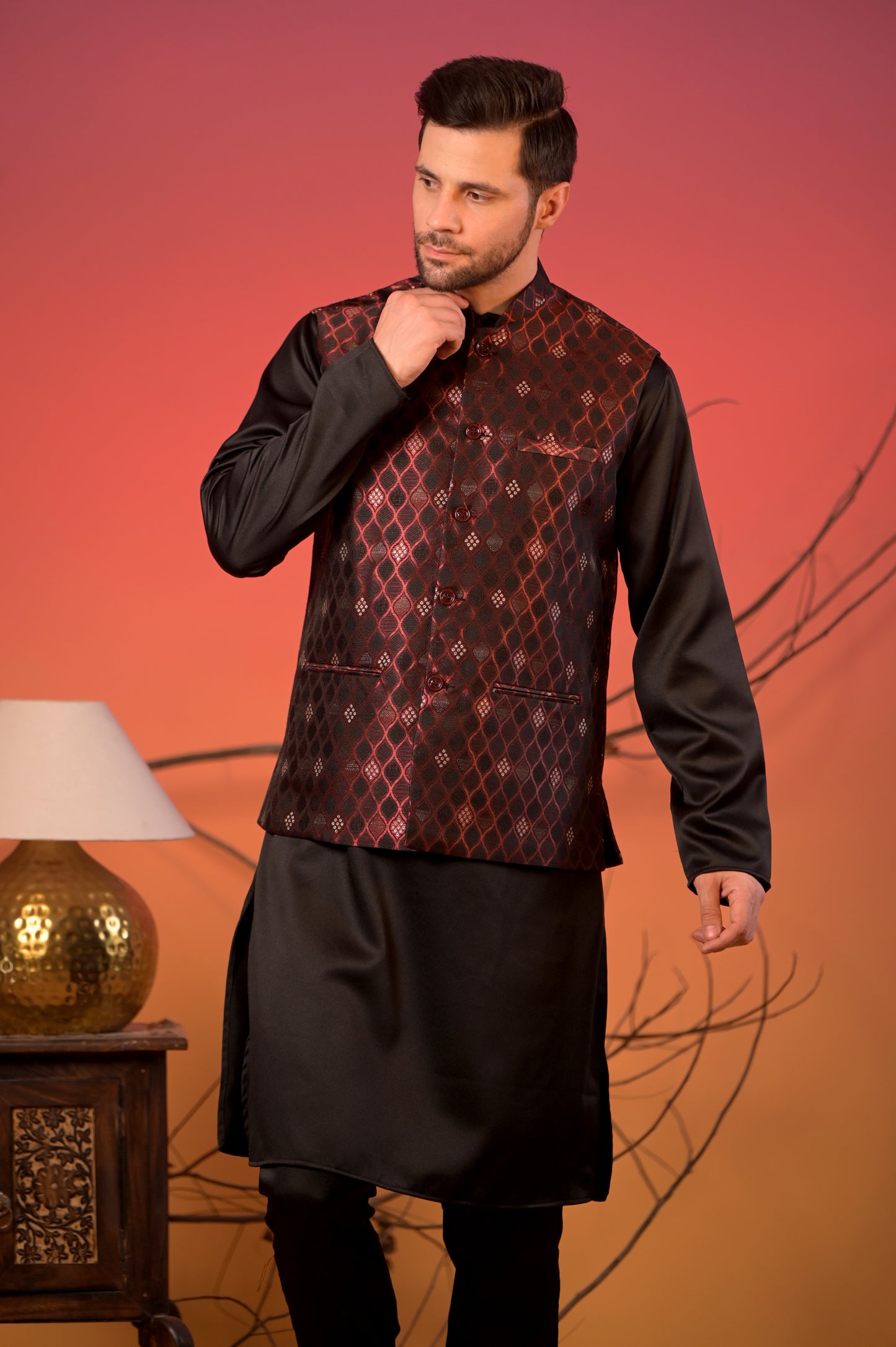 Black Jacquard Kurta with Maroon Diamond Weave Nehru Jacket & Trousers Set