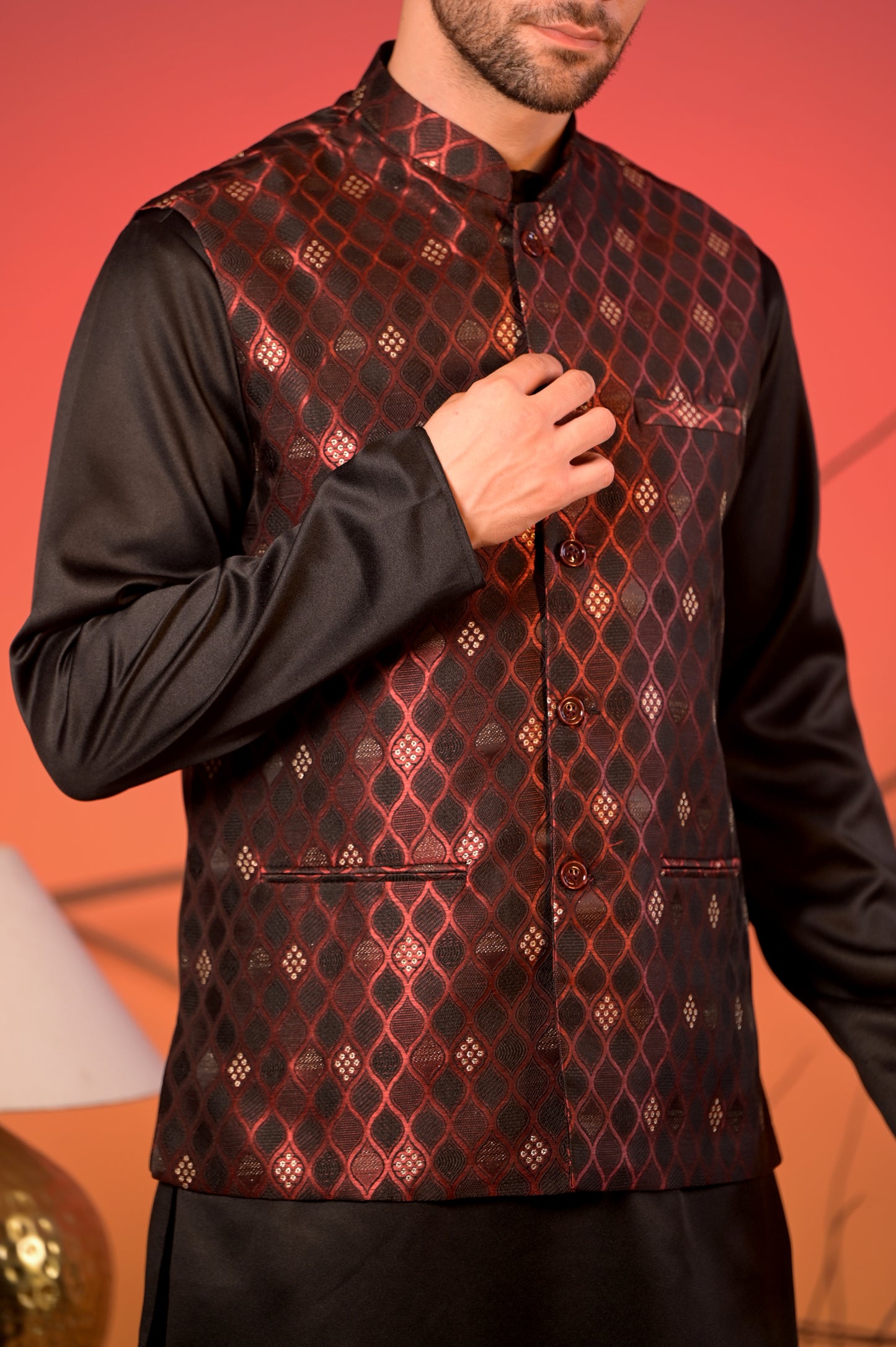 Black Jacquard Kurta with Maroon Diamond Weave Nehru Jacket & Trousers Set