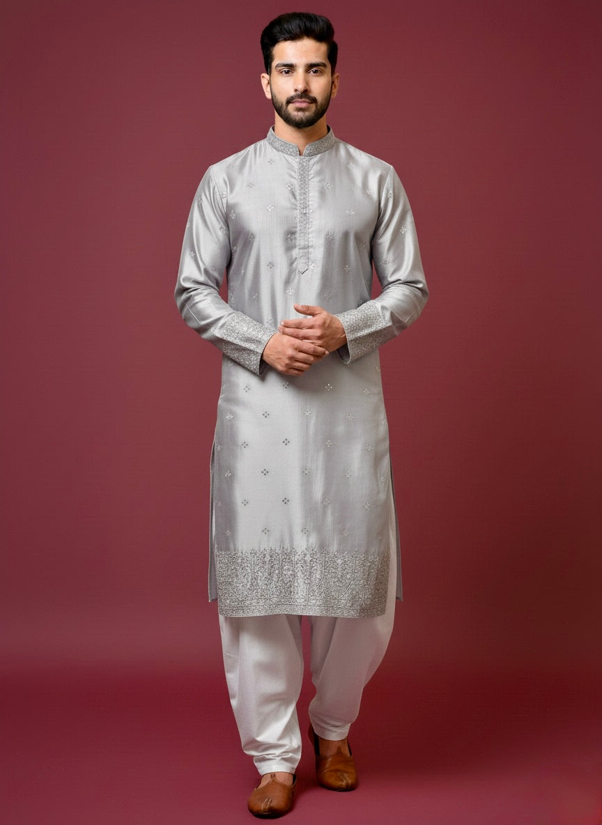 Grey Silk Kurta with Mirror Embroidery & White Salwar Set