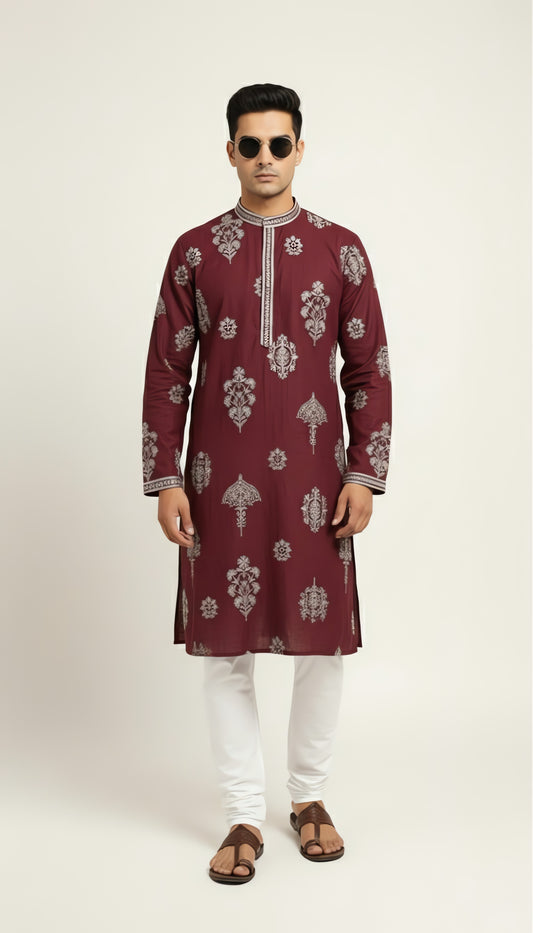 Maroon silk kurta with embroidery