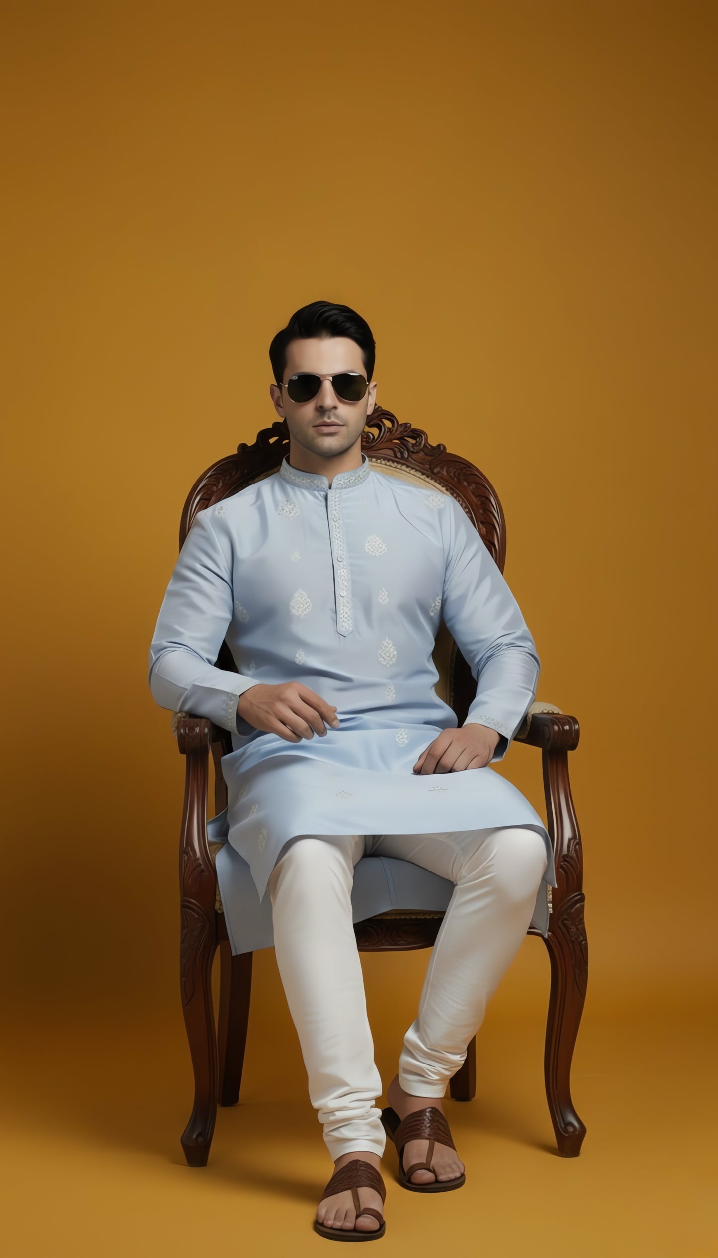 Sky blue silk kurta with embroidery