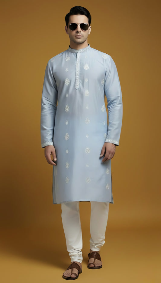 Sky blue silk kurta with embroidery