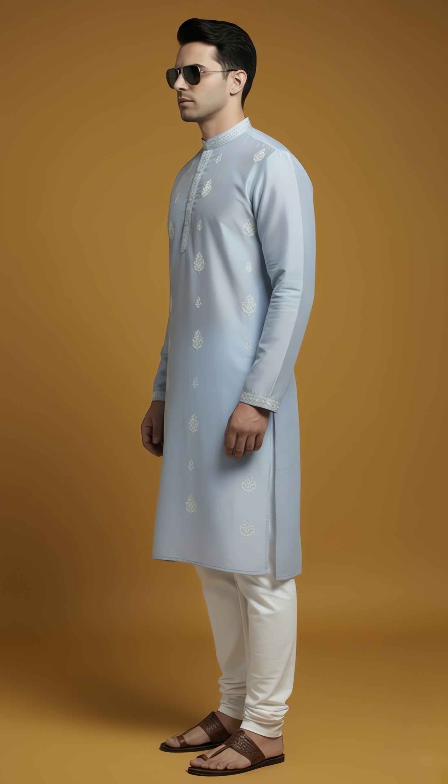 Sky blue silk kurta with embroidery
