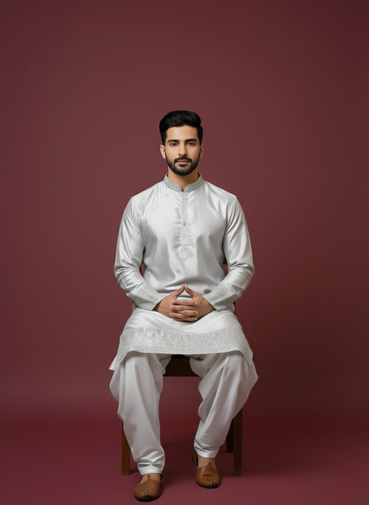 Off-White Silk Kurta with Mirror Embroidery & White Salwar Set