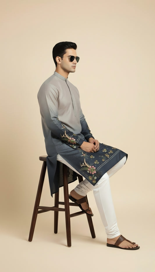 Grey-blue ombre Cotton printrd kurta with Embrodiory